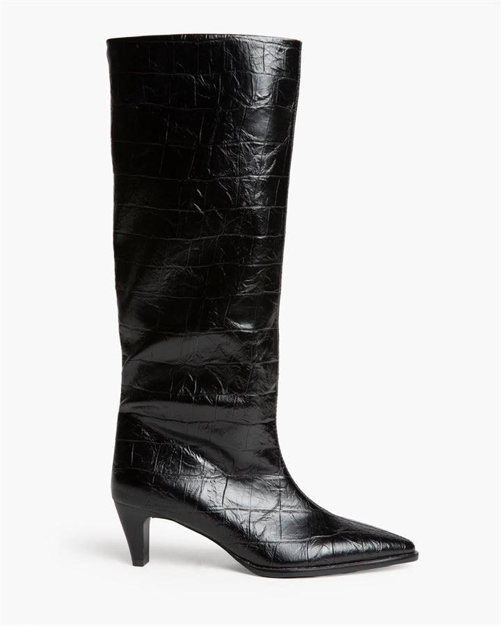 Bota cano alto estilo crocodilo preto