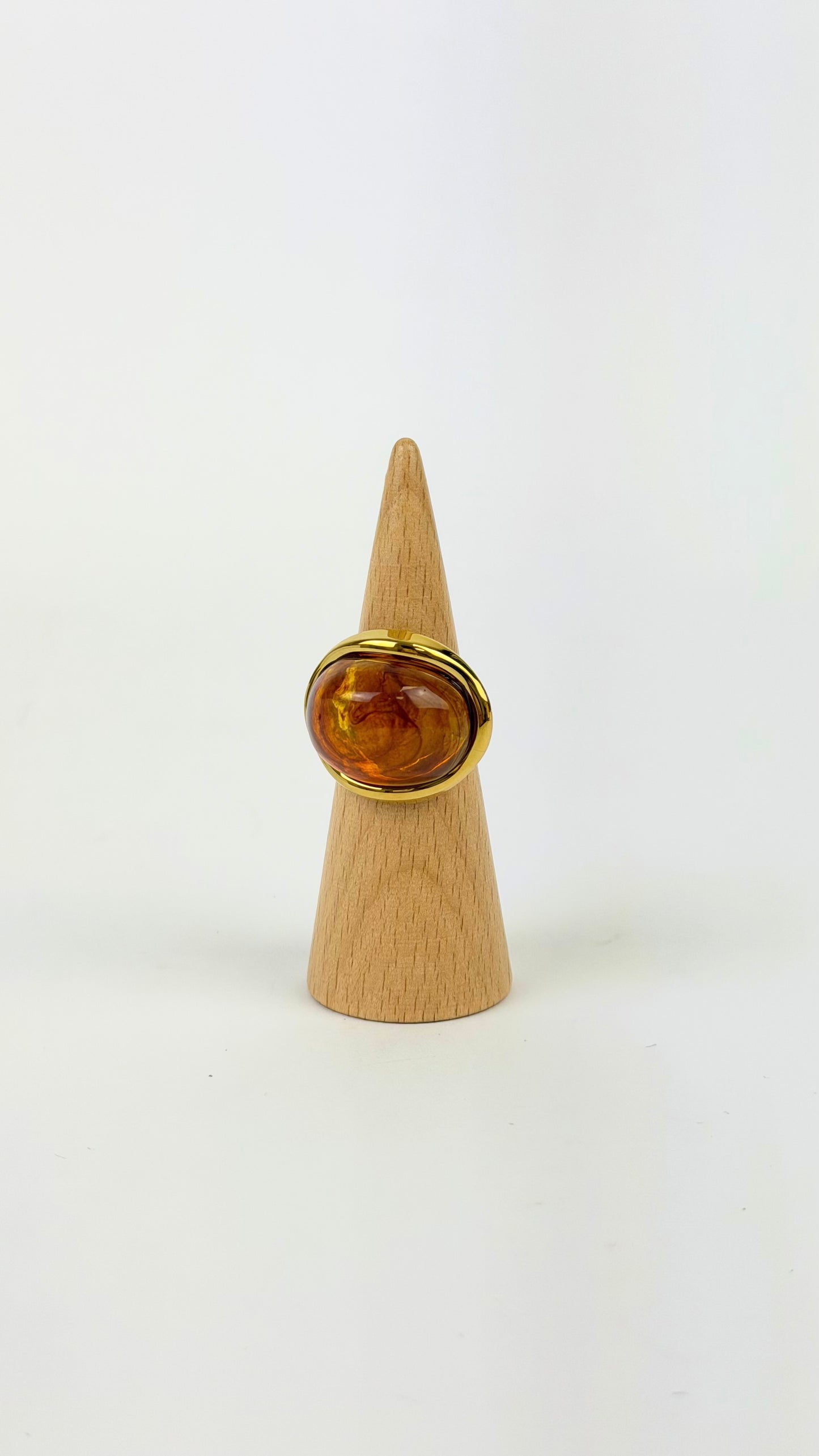Anel aço dourado pedra ambar