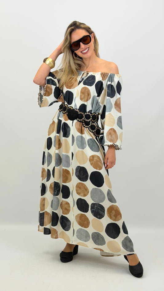 Vestido decote elástico com estampado bolas tons terra