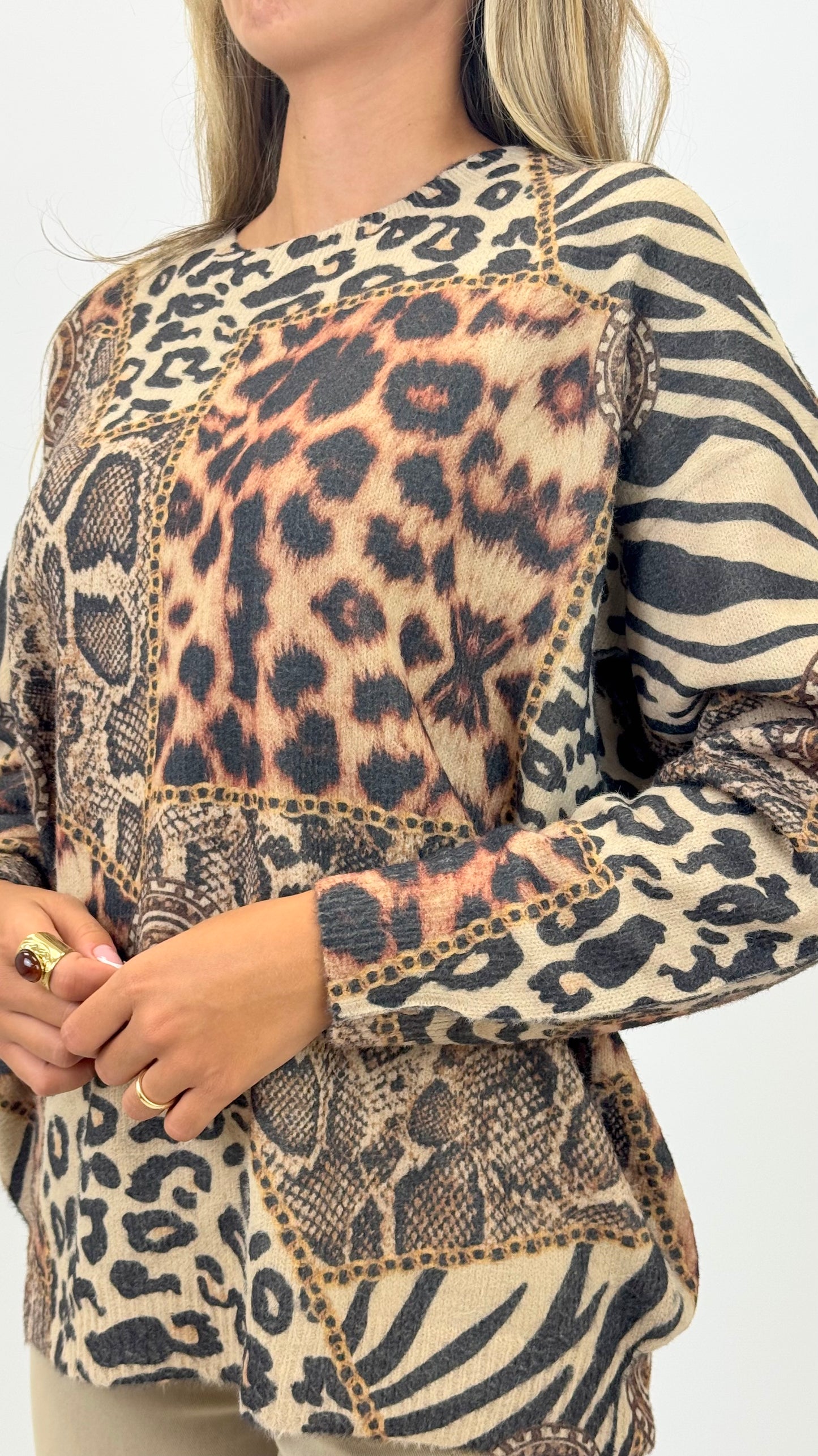 Camisola de malha animal-print tons bege