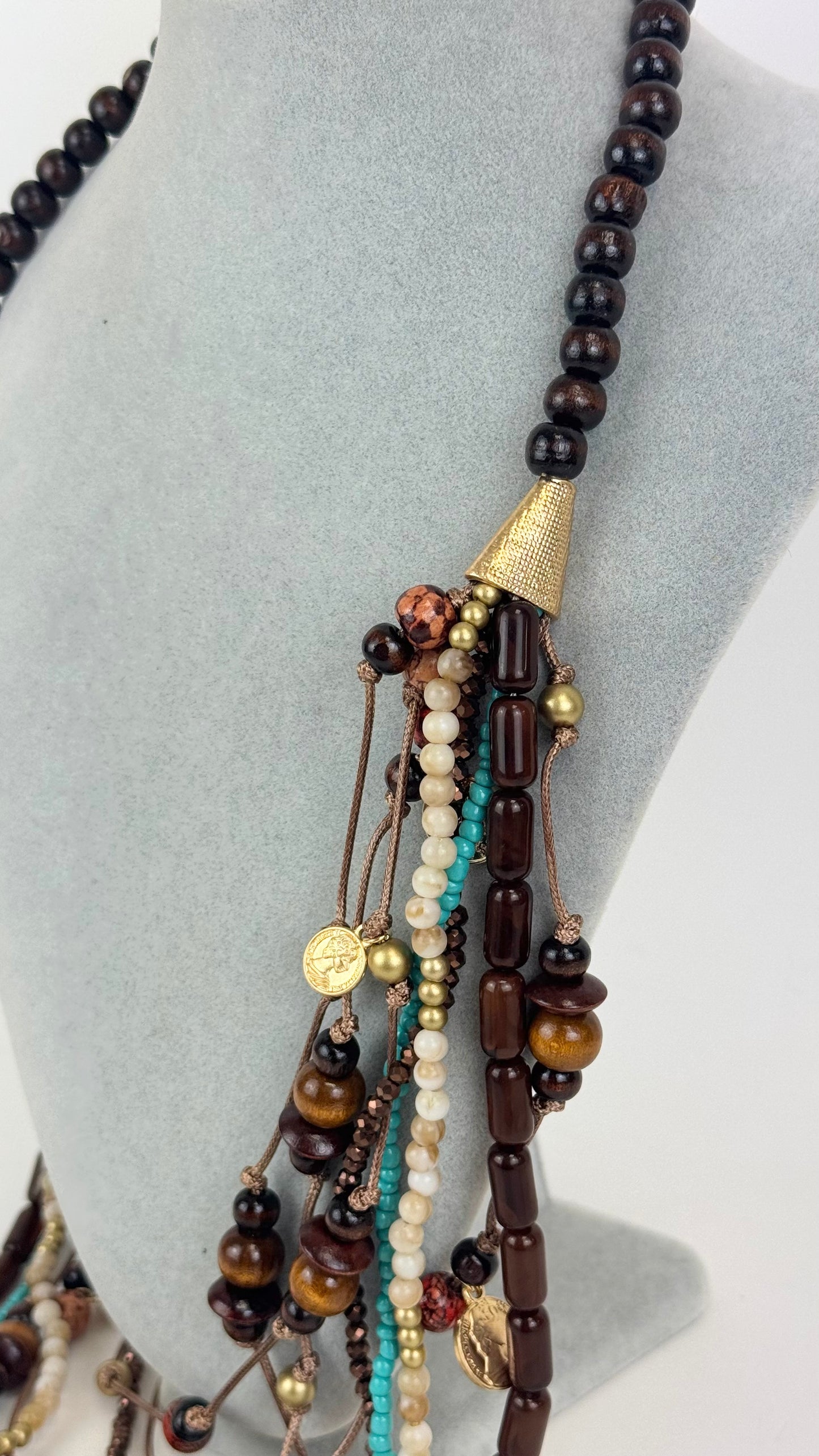 Colar bolinhas e missangas castanho e turquesa
