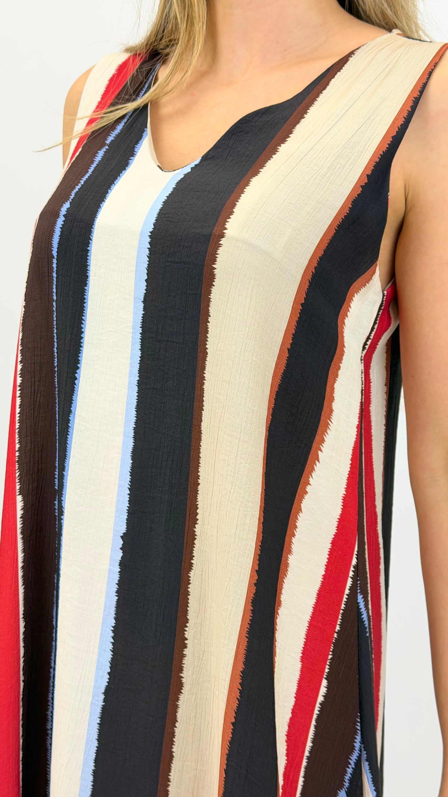 Vestido cavado listas bege, vermelho e preto