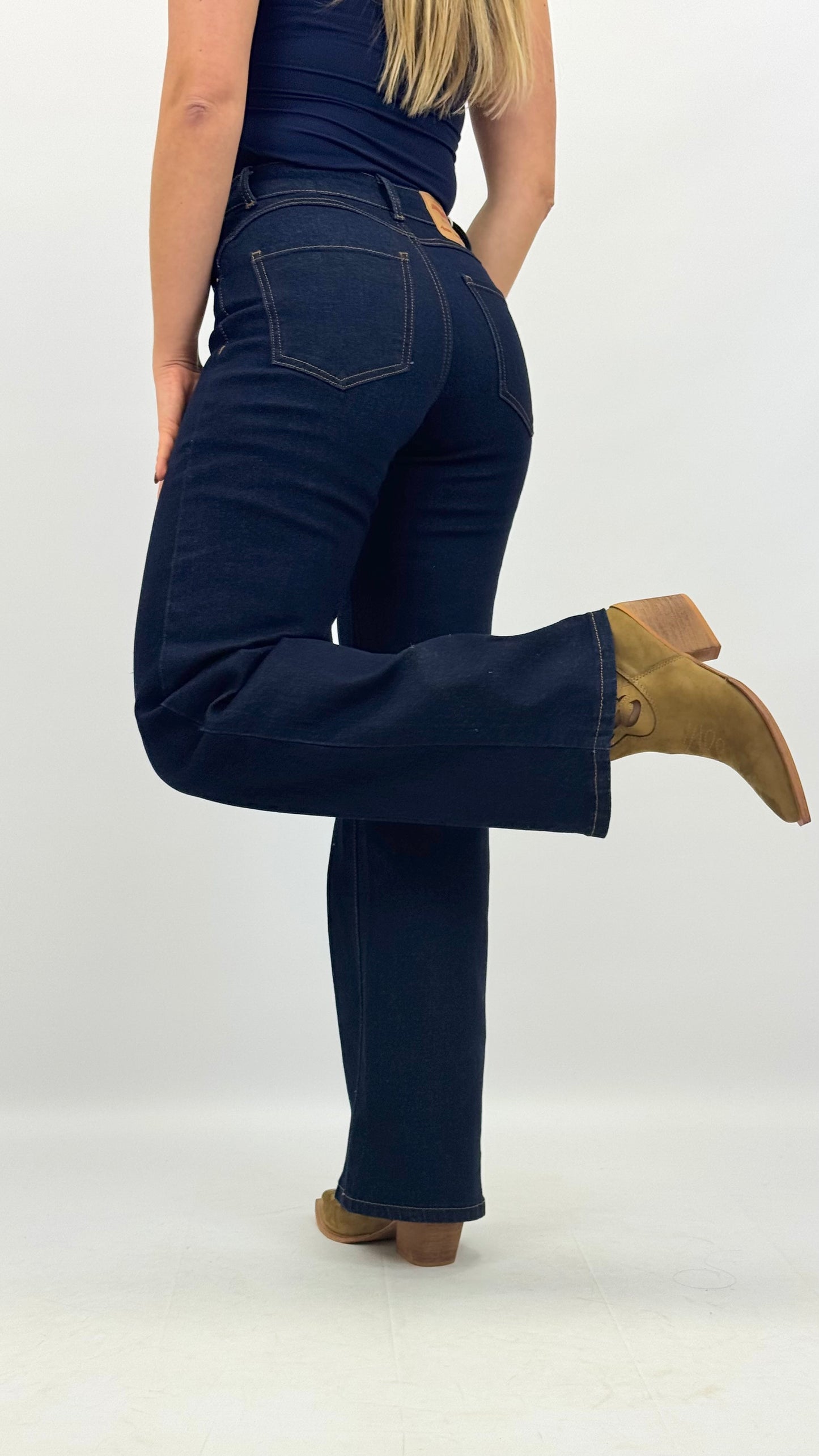Calça wide-leg ganga-escura com pesponto camel