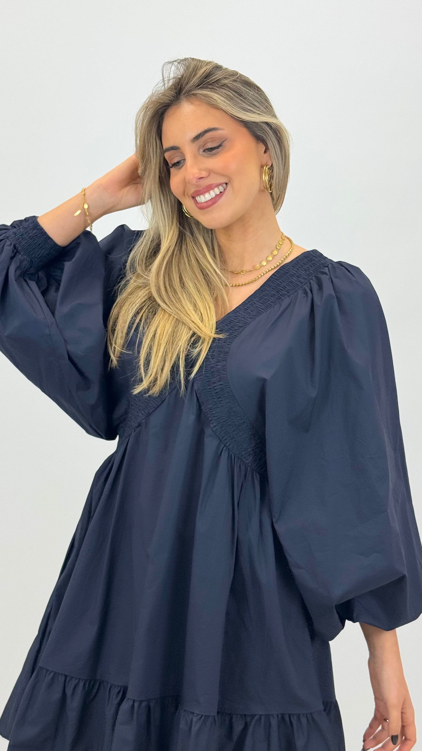 Vestido curto popeline algodão azul-marinho