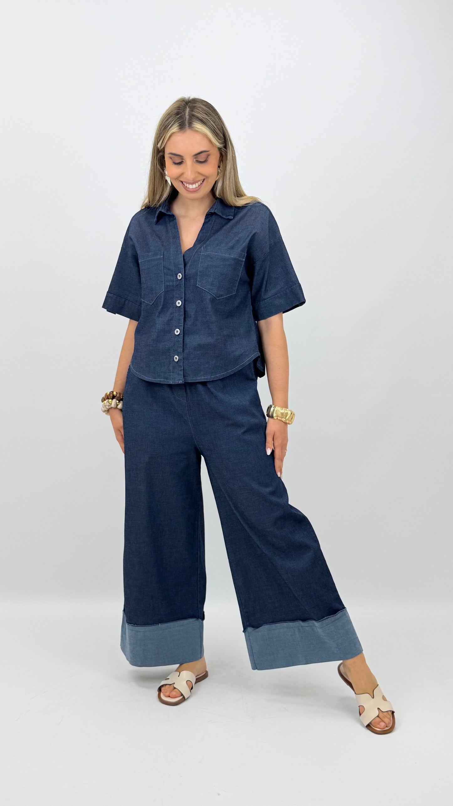 Pantalona/cullote ganga-escura com rebordo