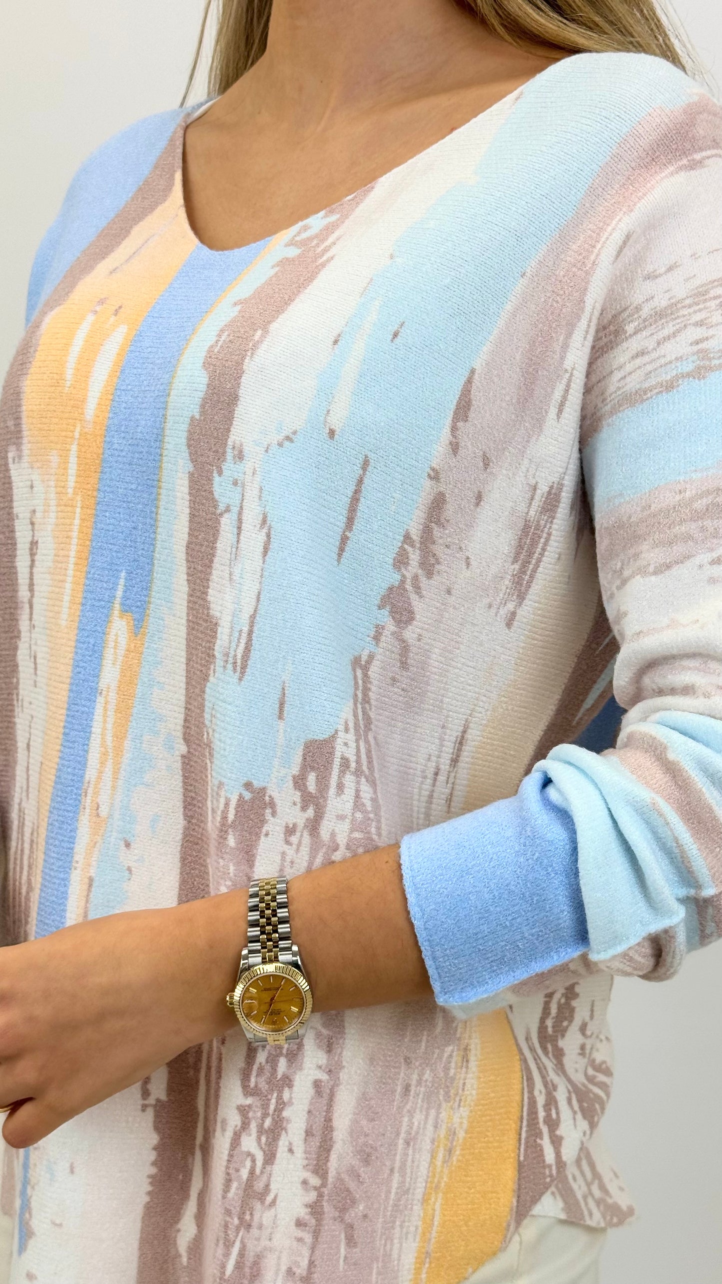 Camisola malha estampado abstrato tons azul e amarelo