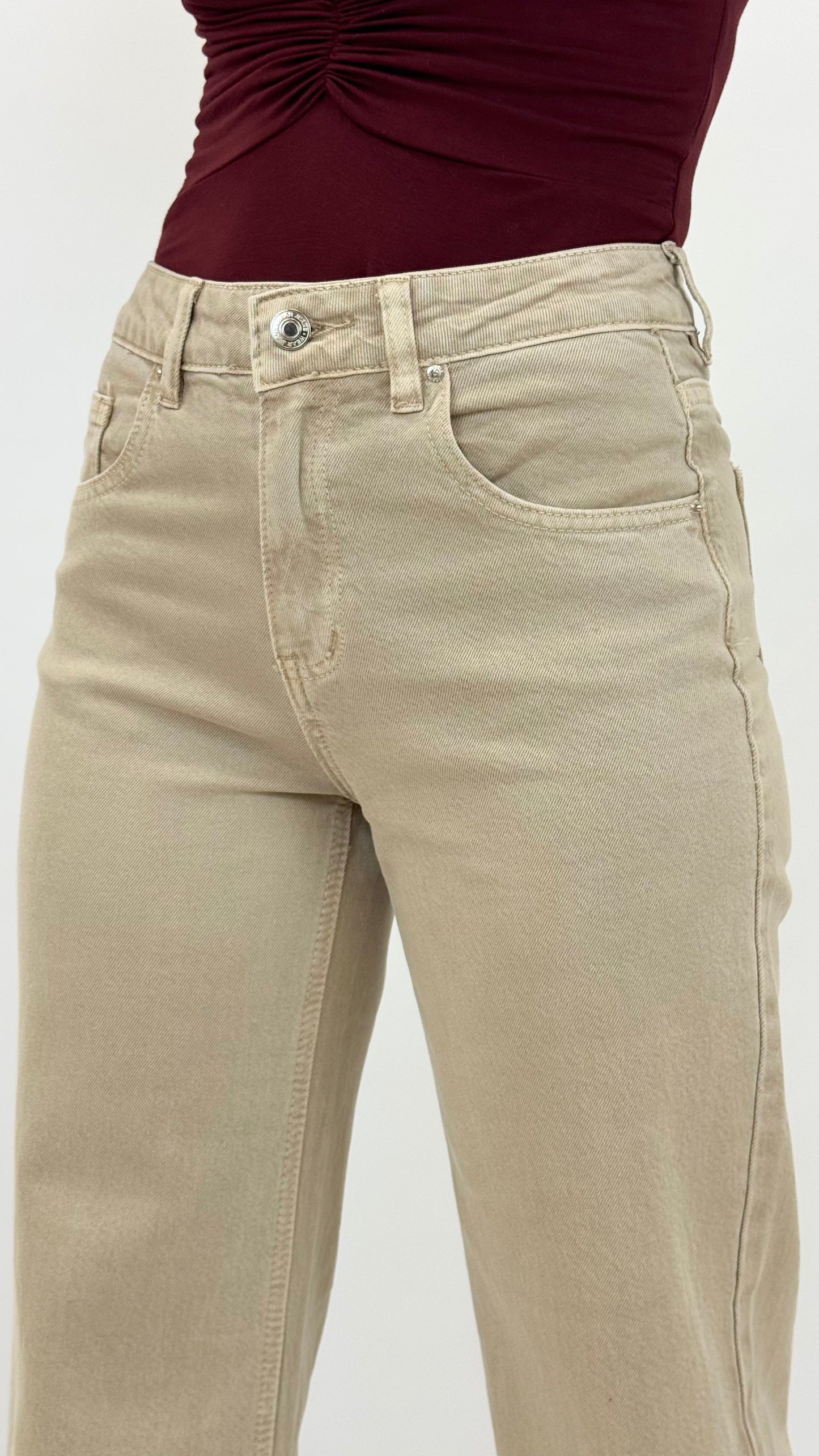 Calça sarja elástica bege wide-leg