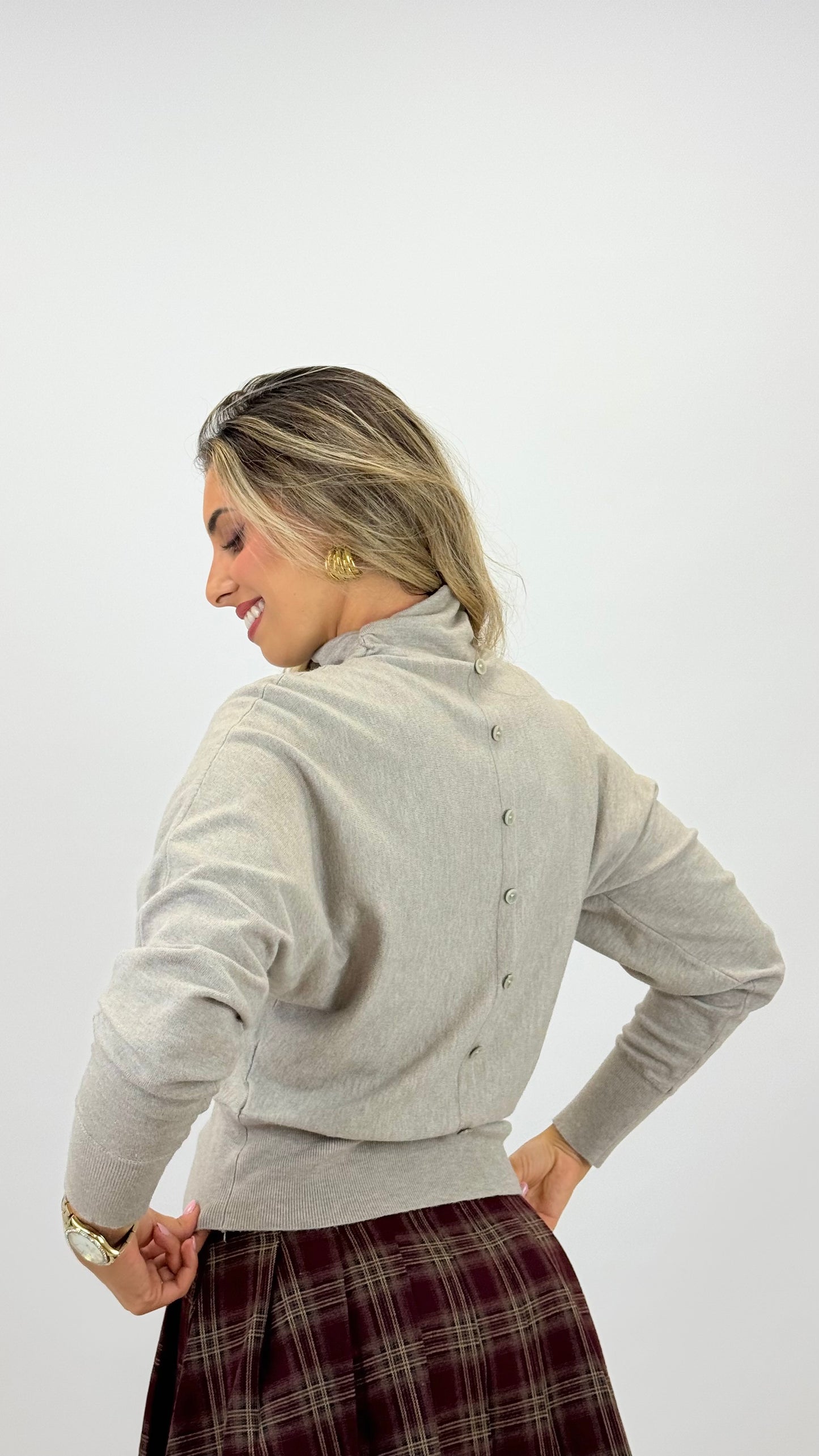 Camisola malha meia-gola drapeada taupe