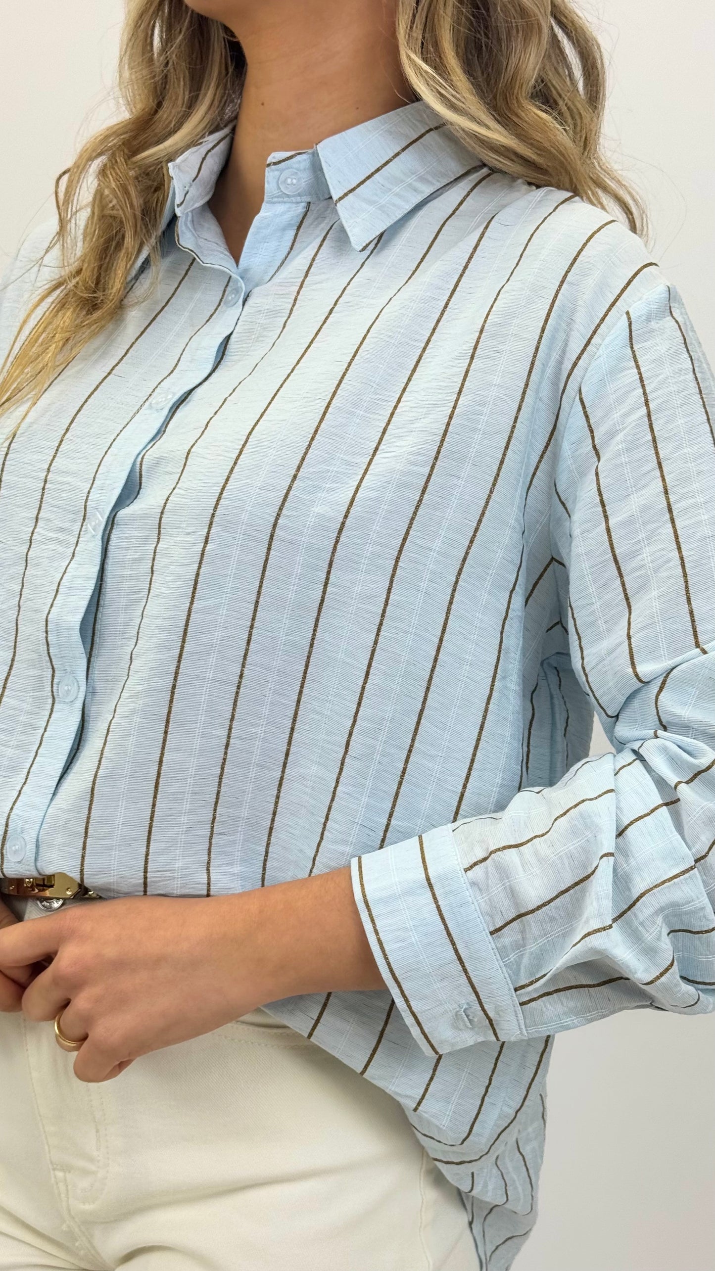 Camisa azul-bebé com risca camel brilho