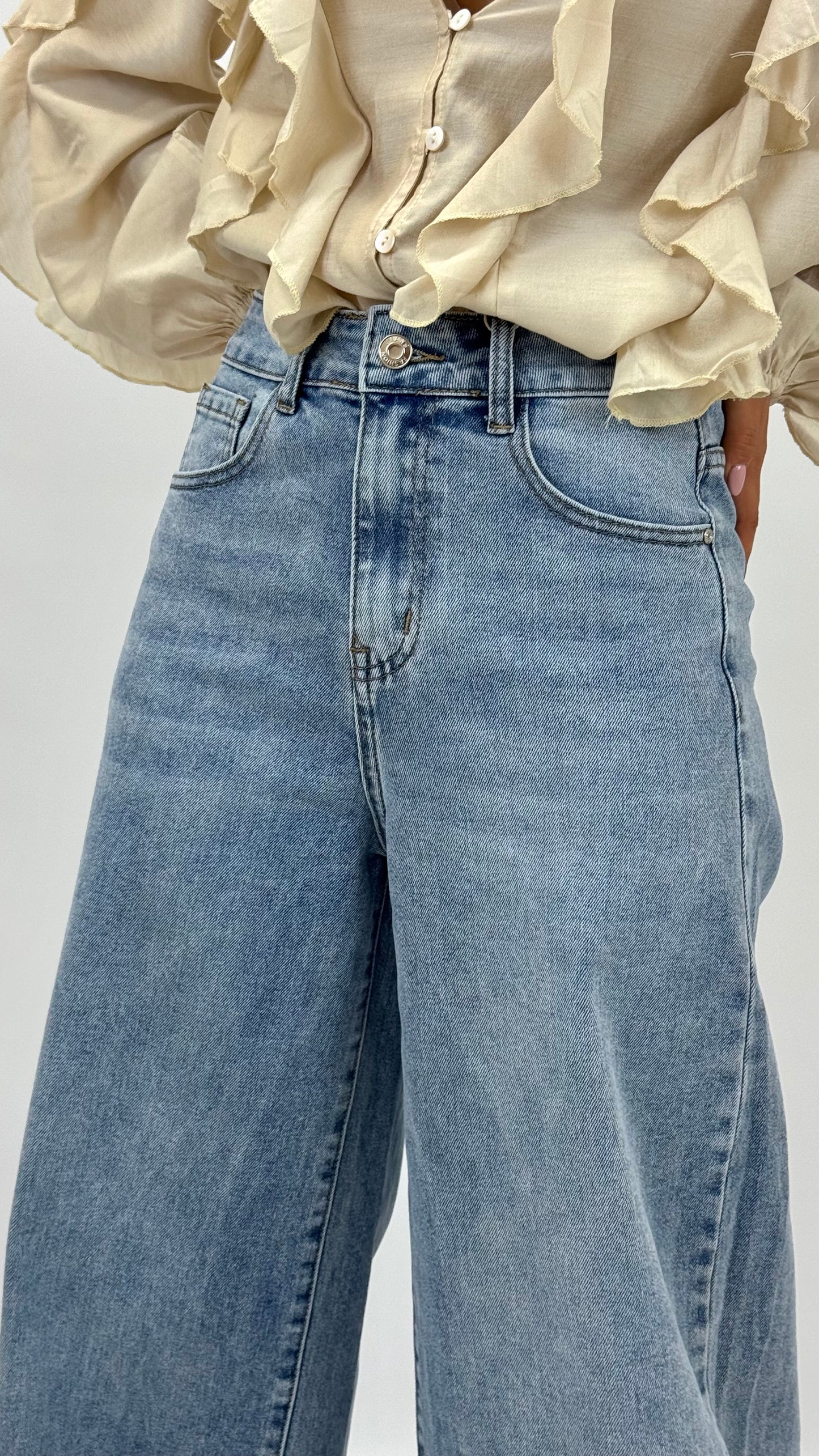 Calça de ganga-clara wide-leg largo