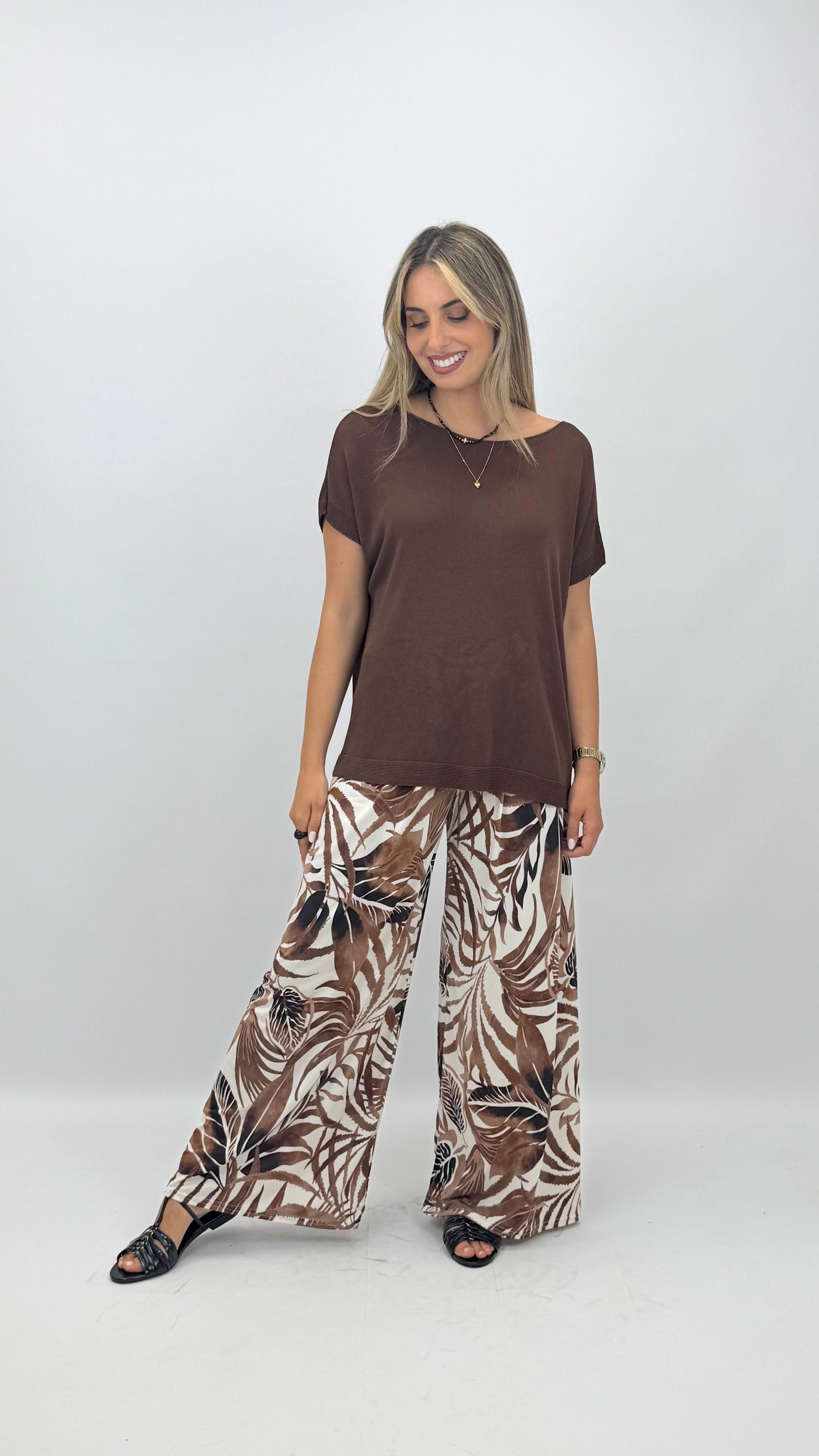 Pantalona malha-fria tons castanho