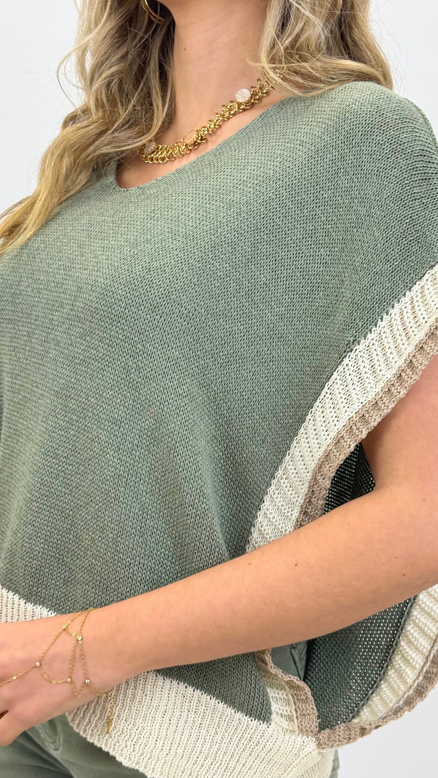 Camisola/colete malha verde com bege e camel