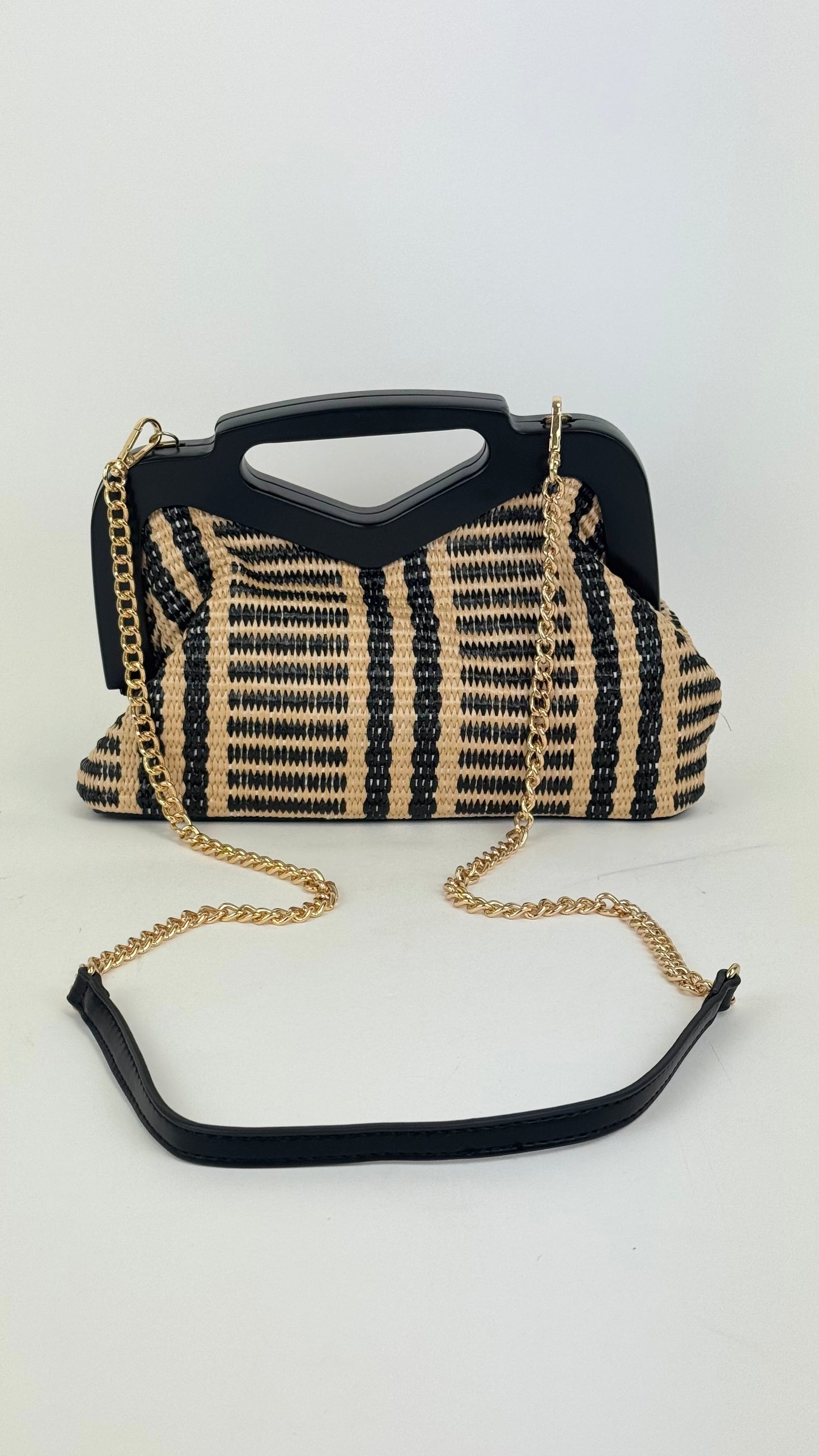 Carteira fecho madeira preto espiguinha preta e camel