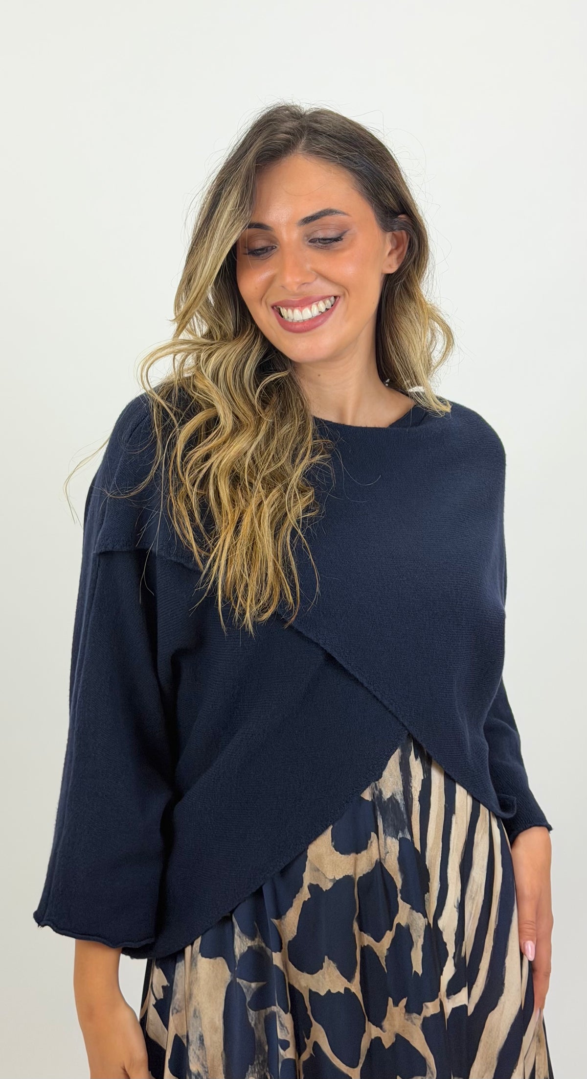 Camisola/poncho malha azul-marinho