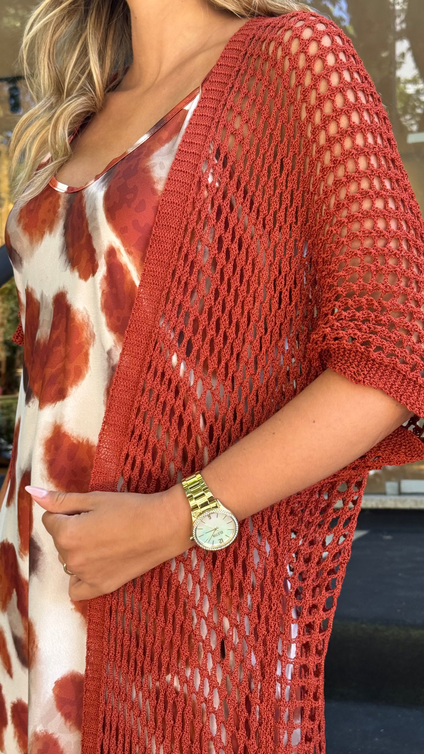 Kimono malha perfurada telha