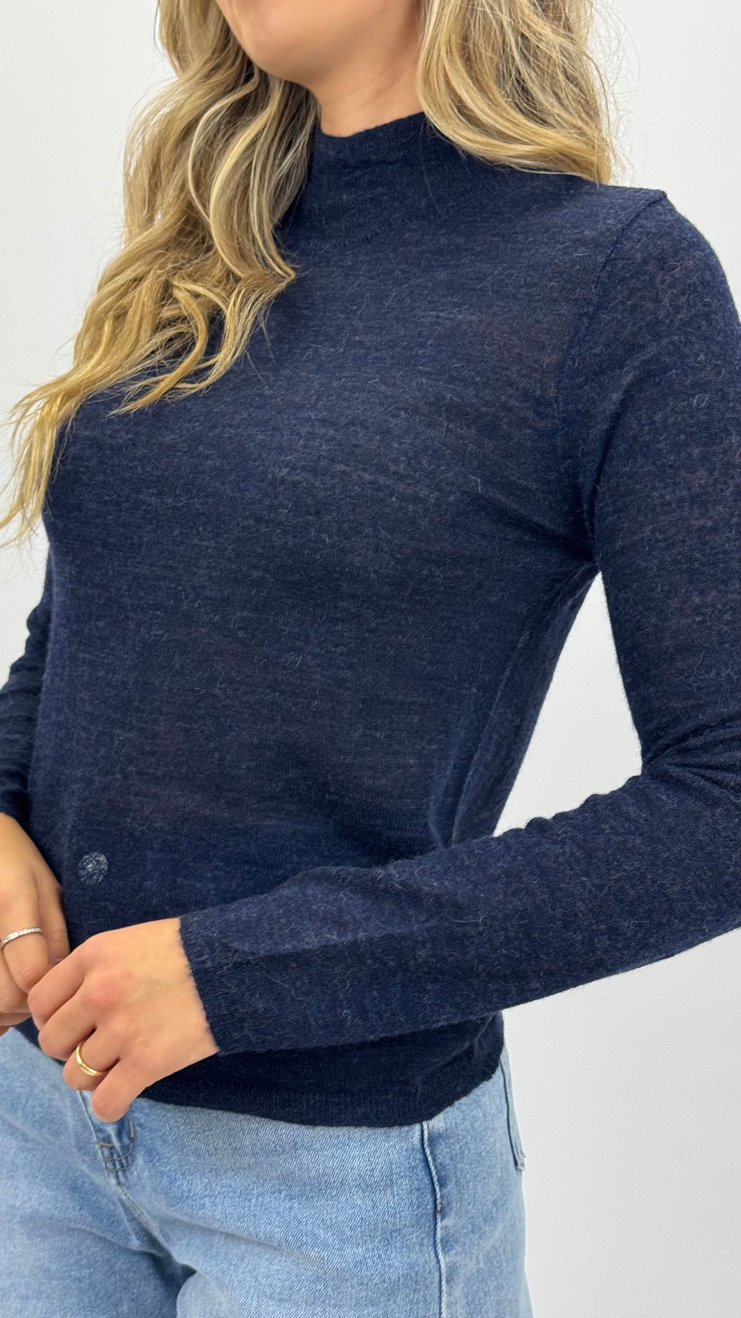 Camisola malha básica lã merino azul-marinho