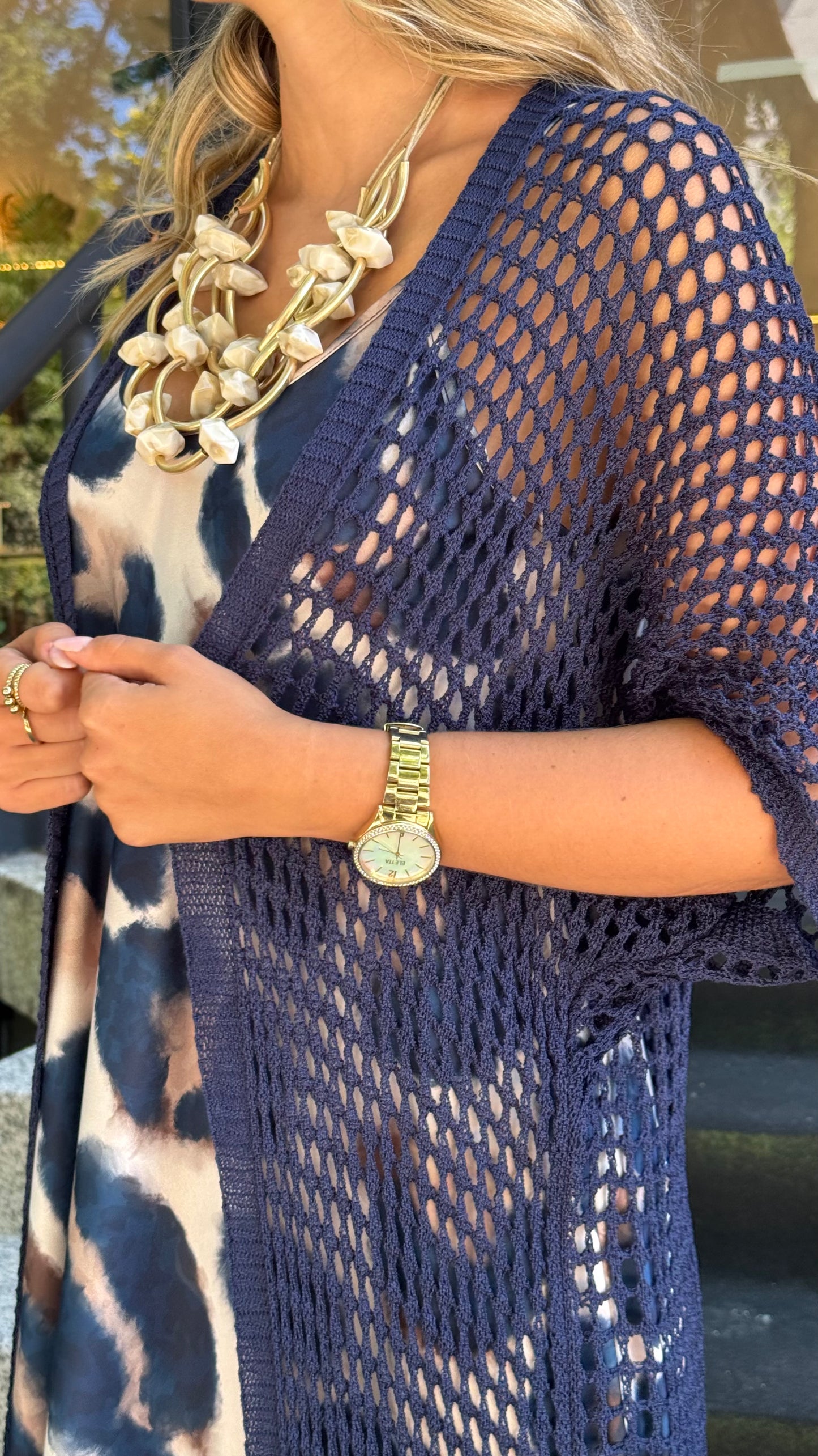 Kimono malha perfurada azul-marinho