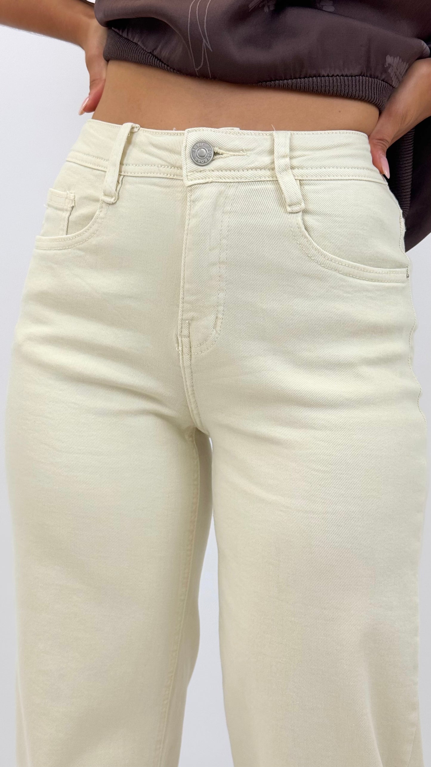 Calça de sarja elástica wide-leg creme