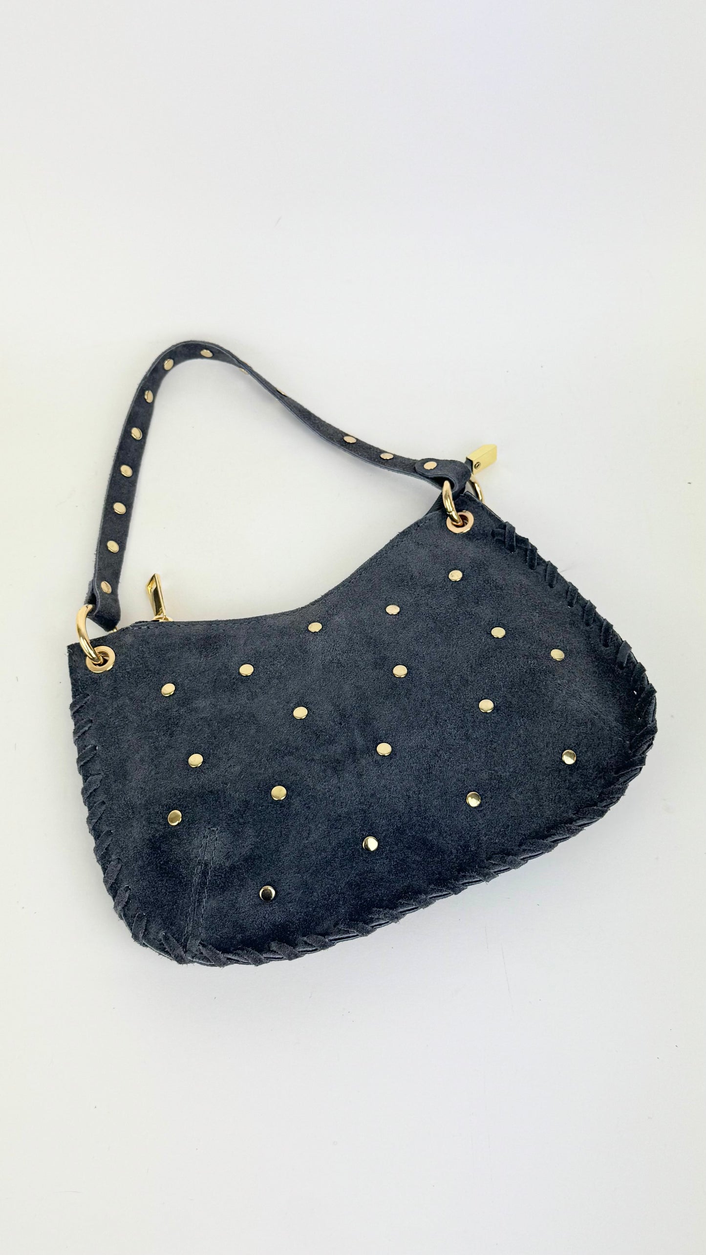 Carteira pequena em pele genuína cinza com tachinhas