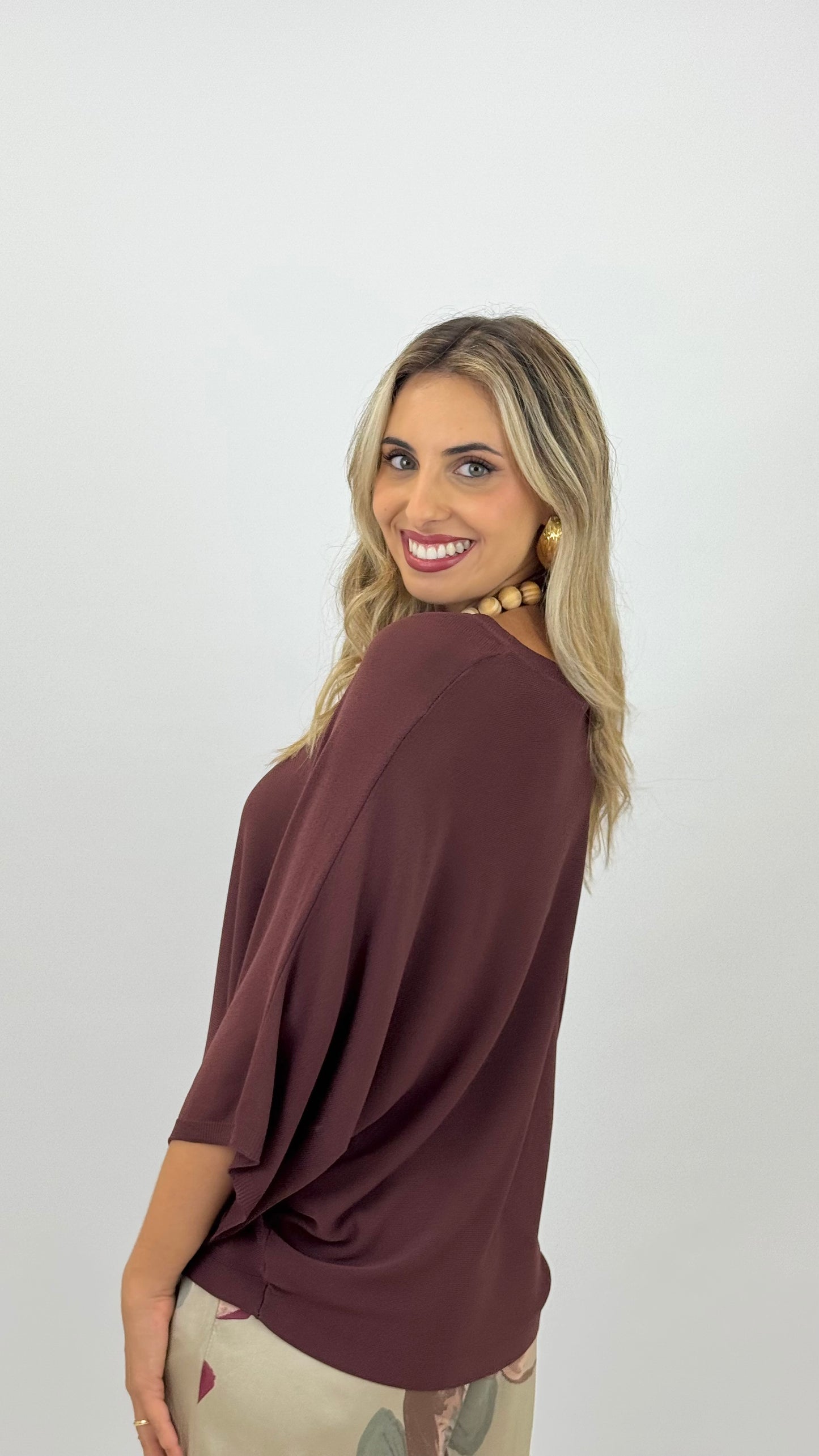 Camisola malha-fria manga morcego bordeaux