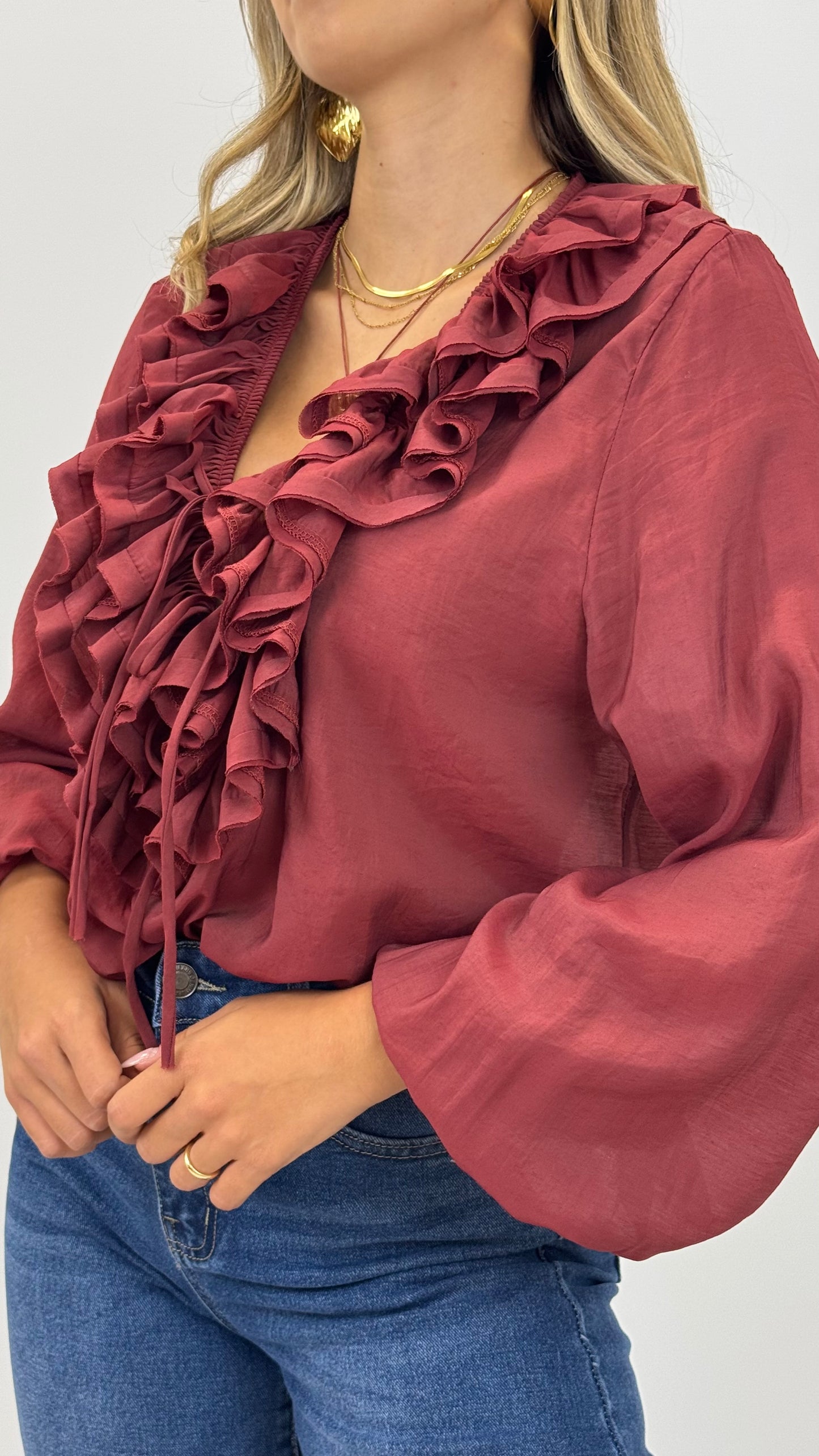 Blusa com folhos bordeaux
