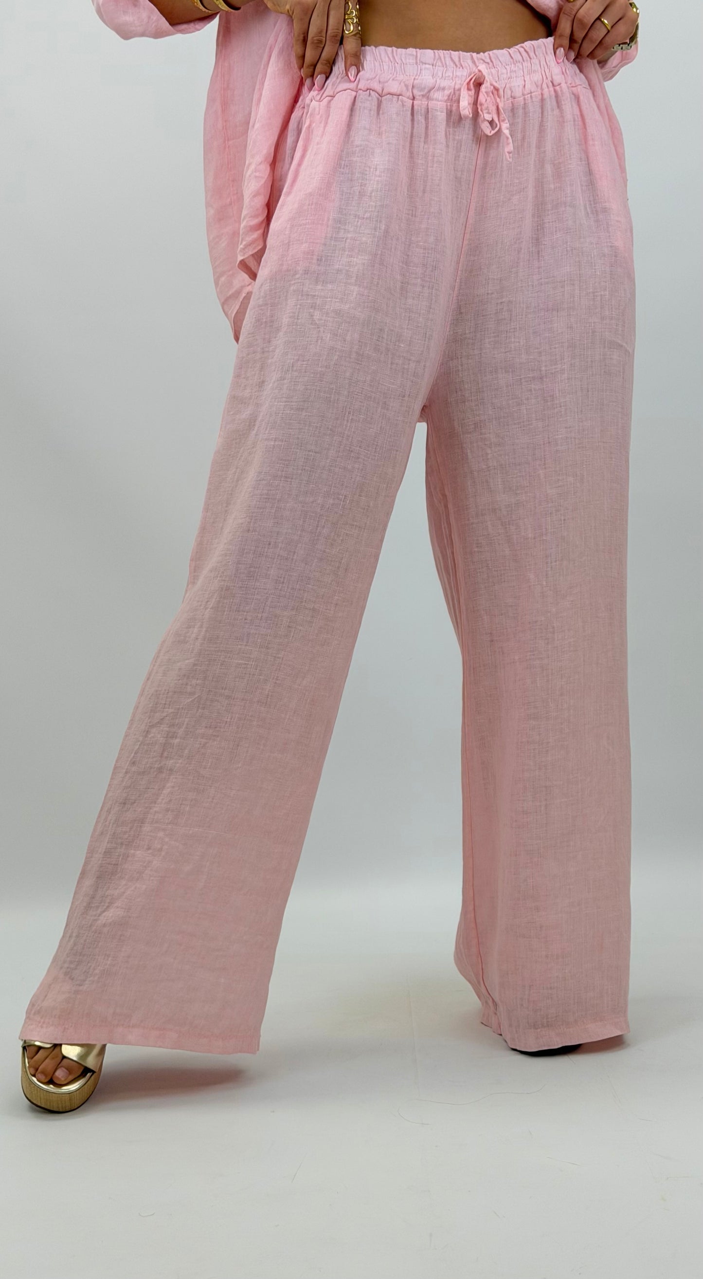 Calça linho rosa-bebé