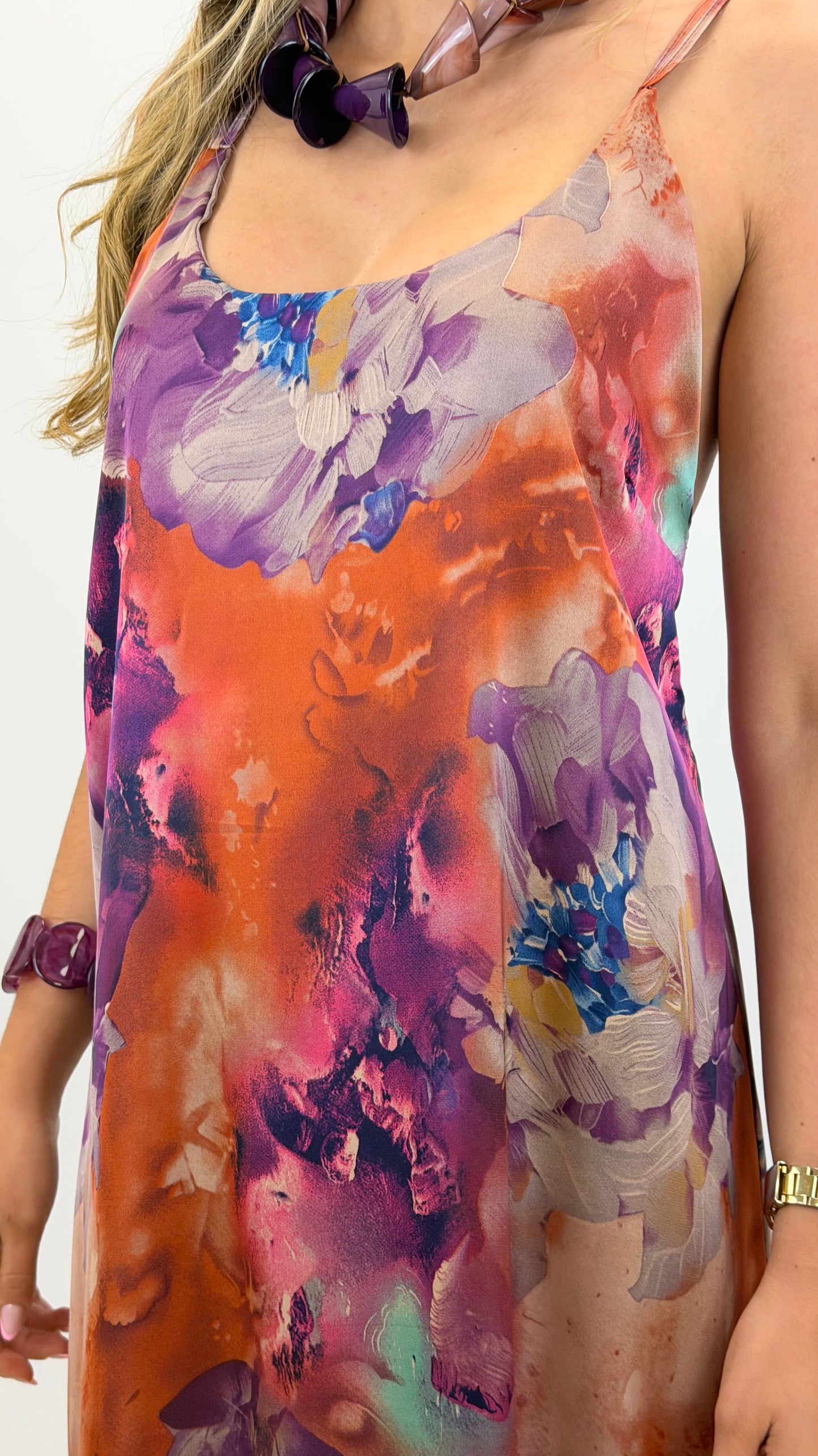 Vestido acetinado alças estampado colorido