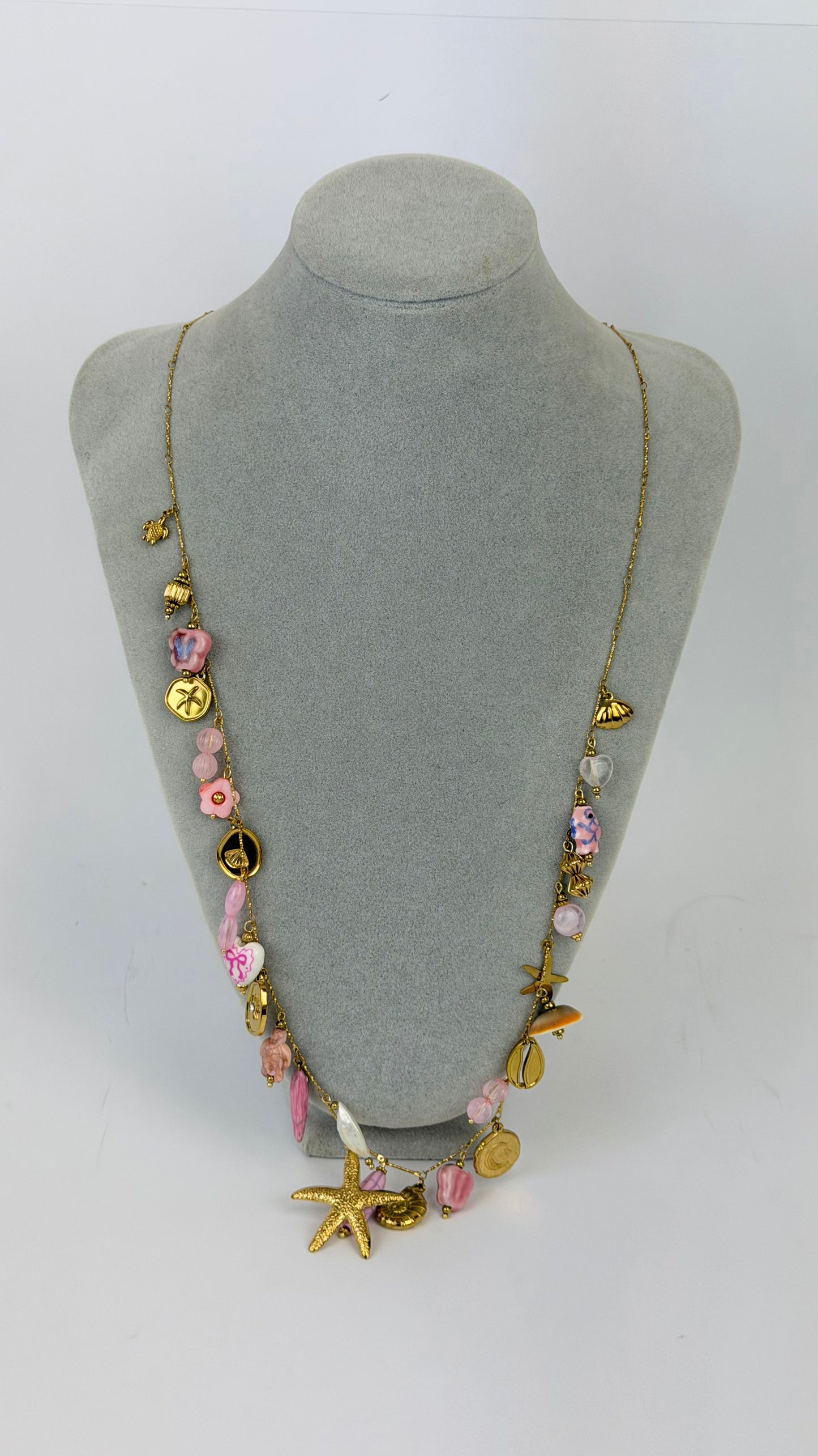 Colar comprido aço dourado pendentes rosa bebé