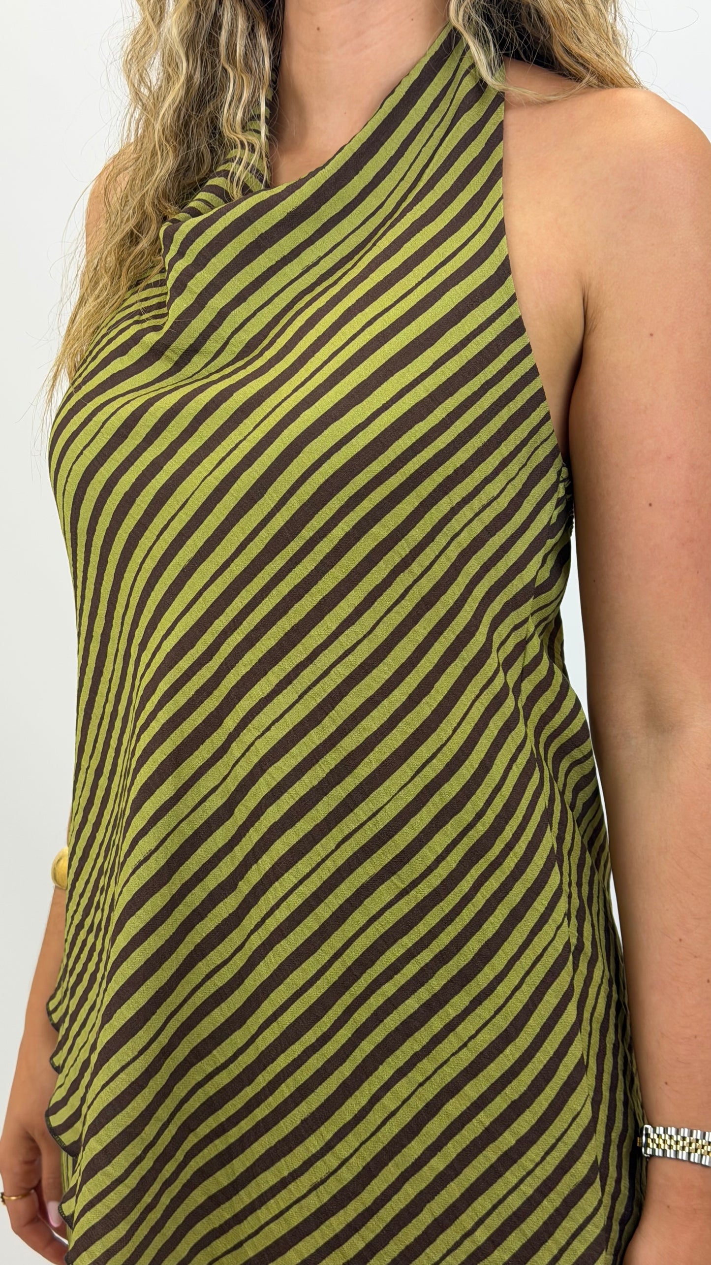 Conjunto top e calça riscas pistachio e castanho