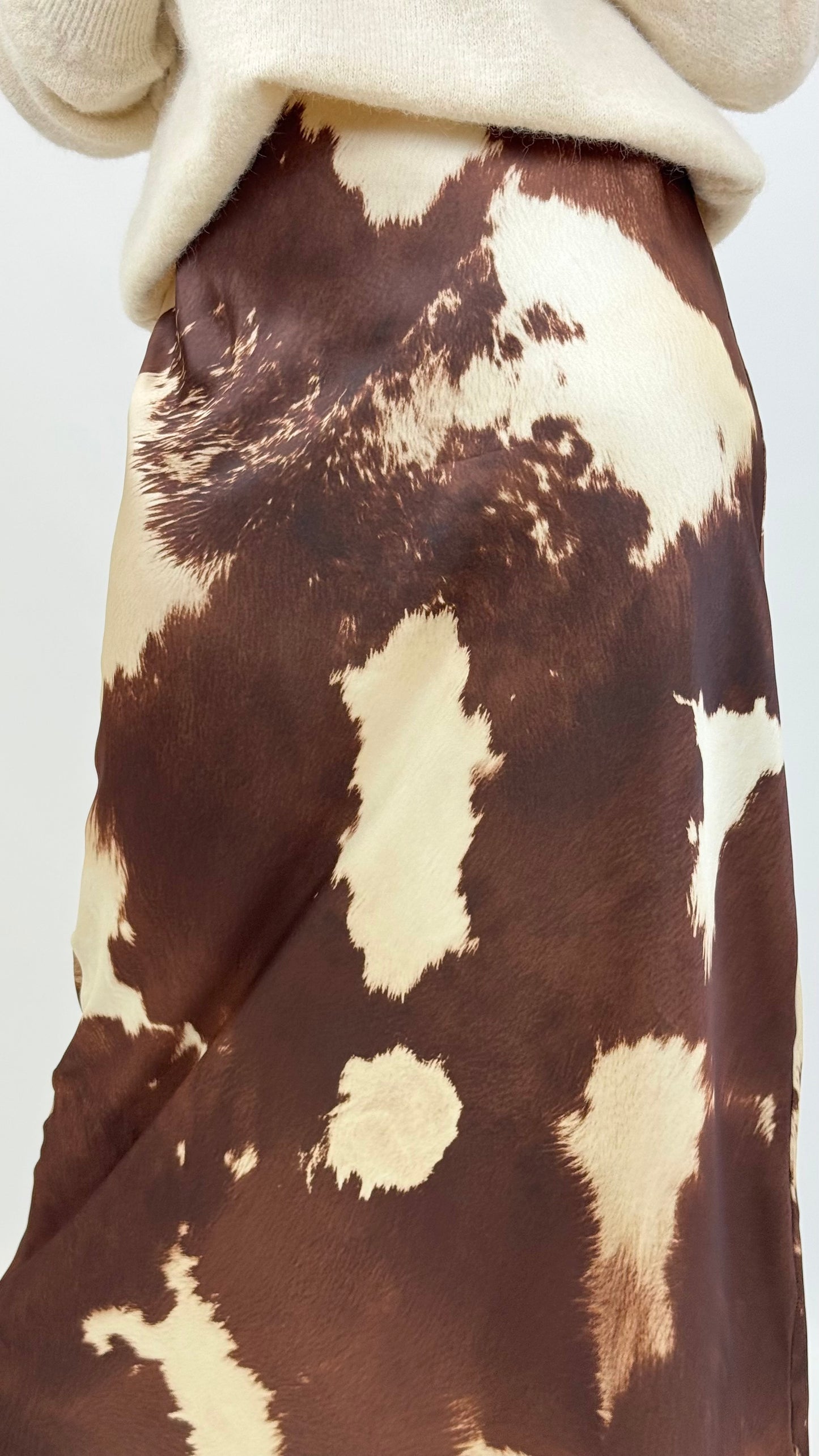 Saia acetinada animal-print castanho e pérola