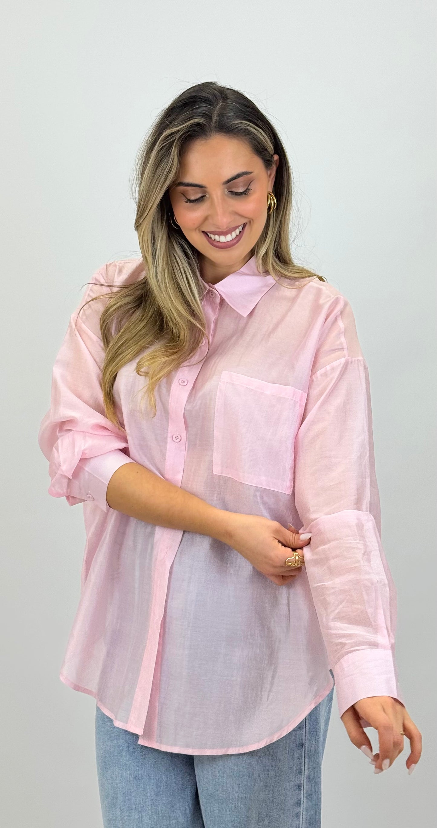 Blusa em tecido fluído rosa bebé