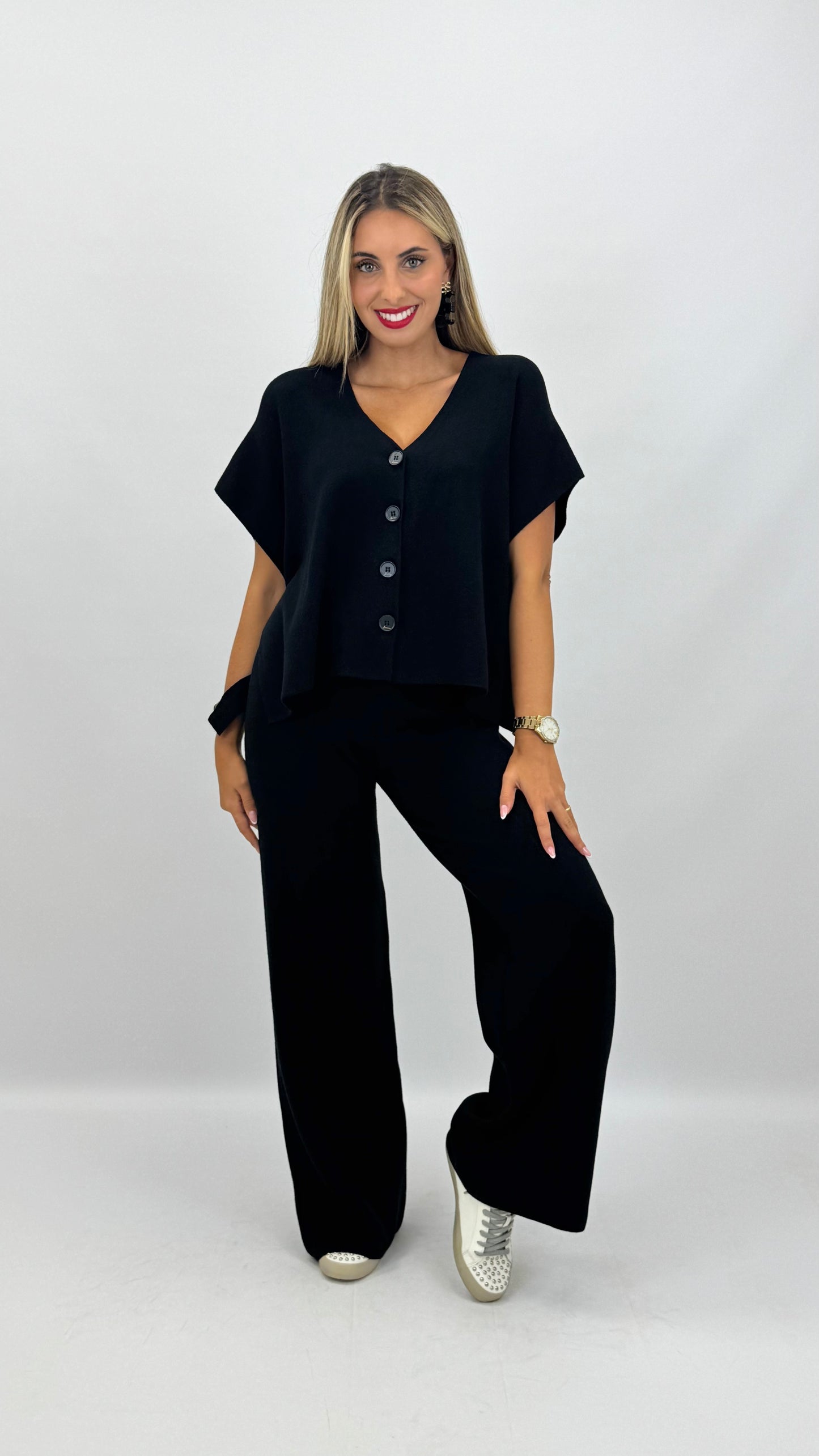 Conjunto colete e calça malha preto