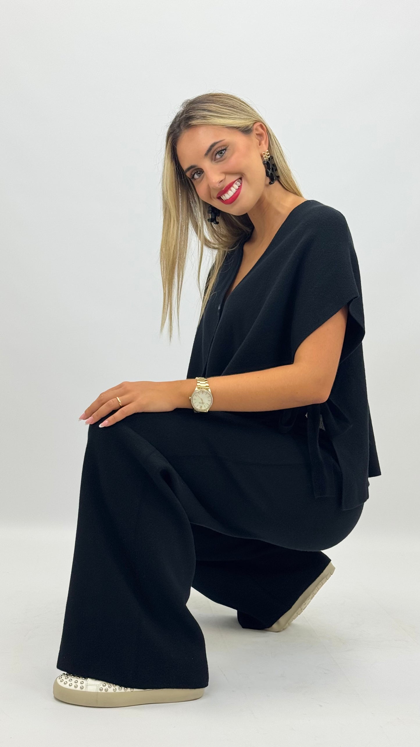 Conjunto colete e calça malha preto