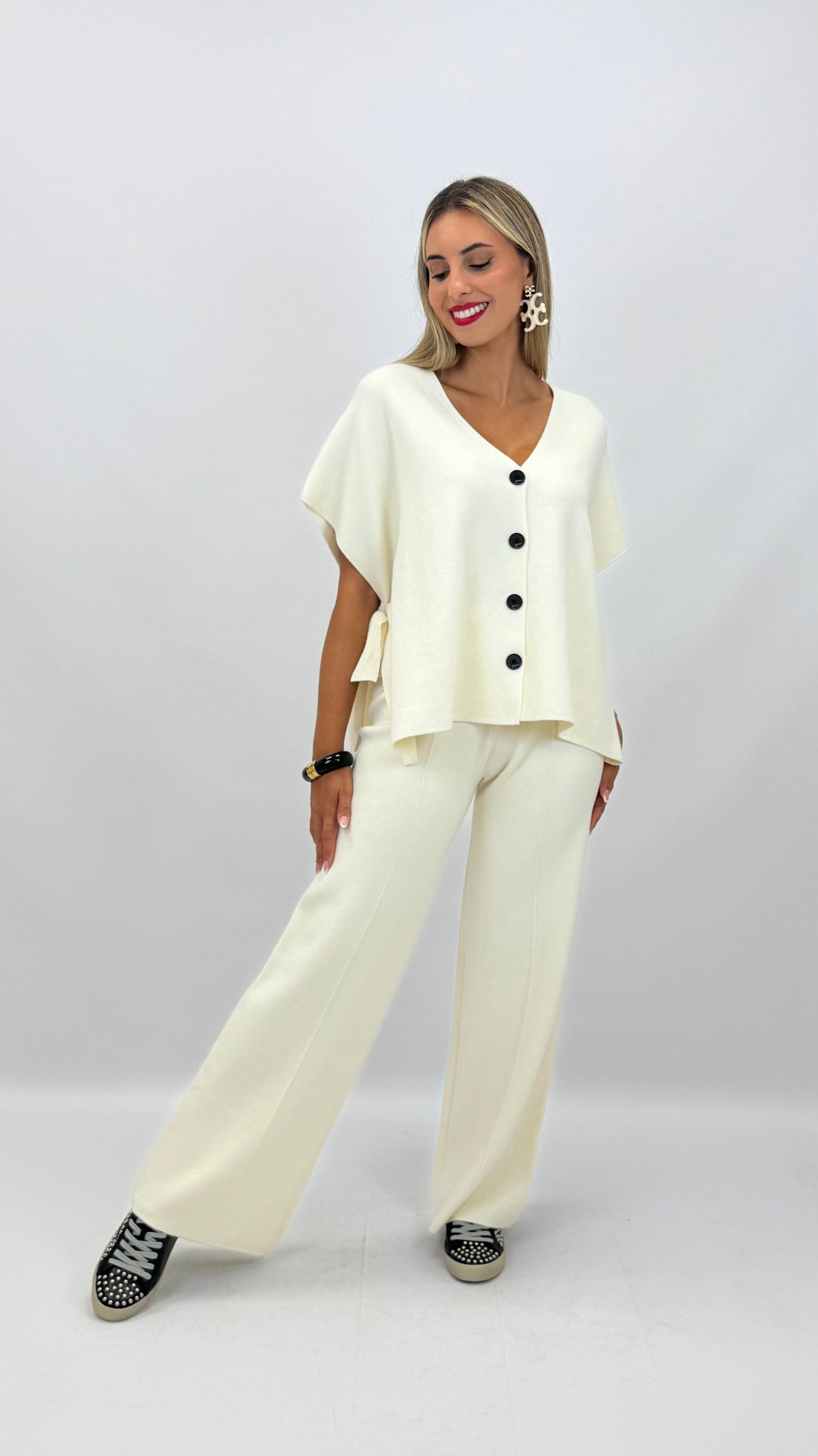 Conjunto colete e calça malha pérola