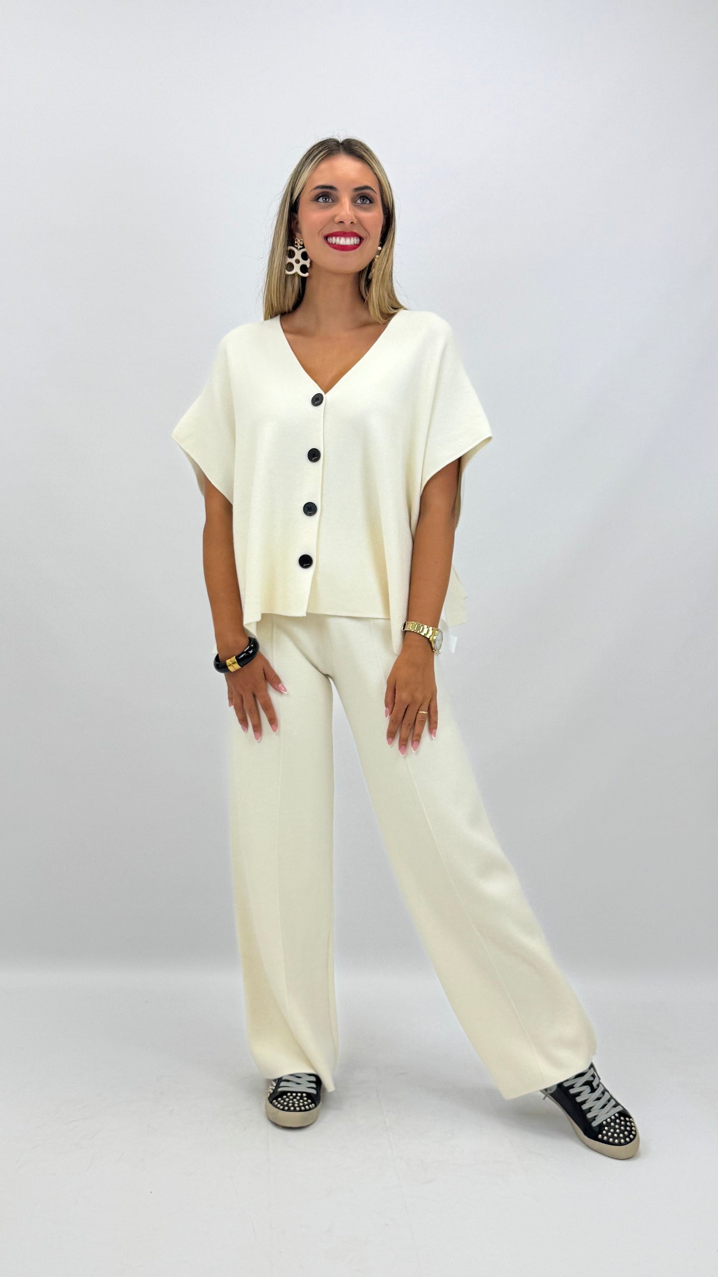 Conjunto colete e calça malha pérola