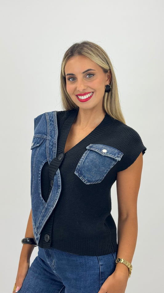 Colete malha preto com detalhes em ganga