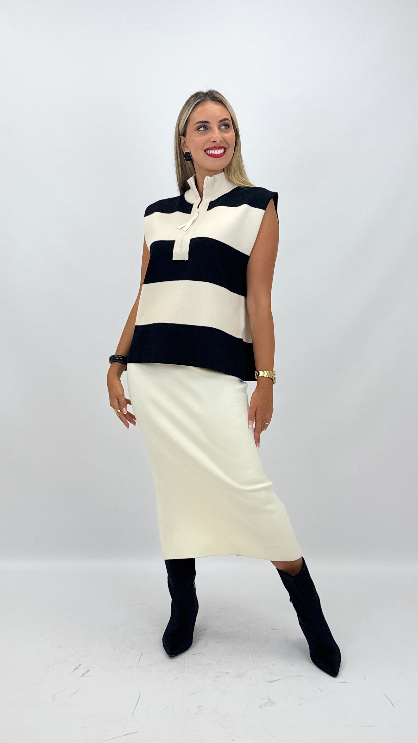 Conjunto malha riscas preto e pérola