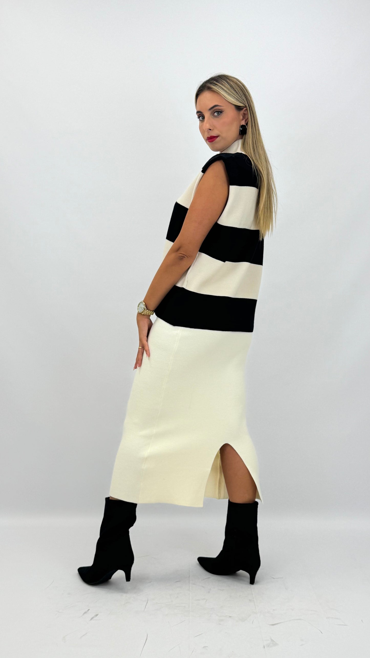 Conjunto malha riscas preto e pérola