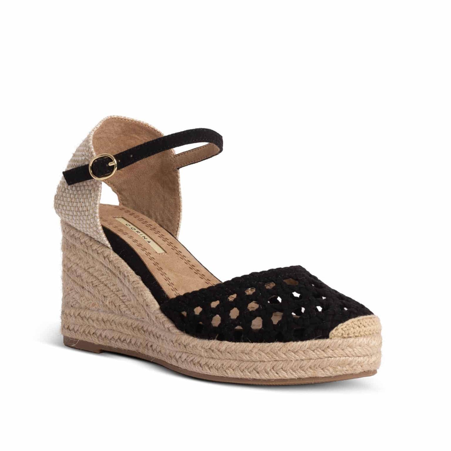 Sandálias cunha em ráfia e croché preto