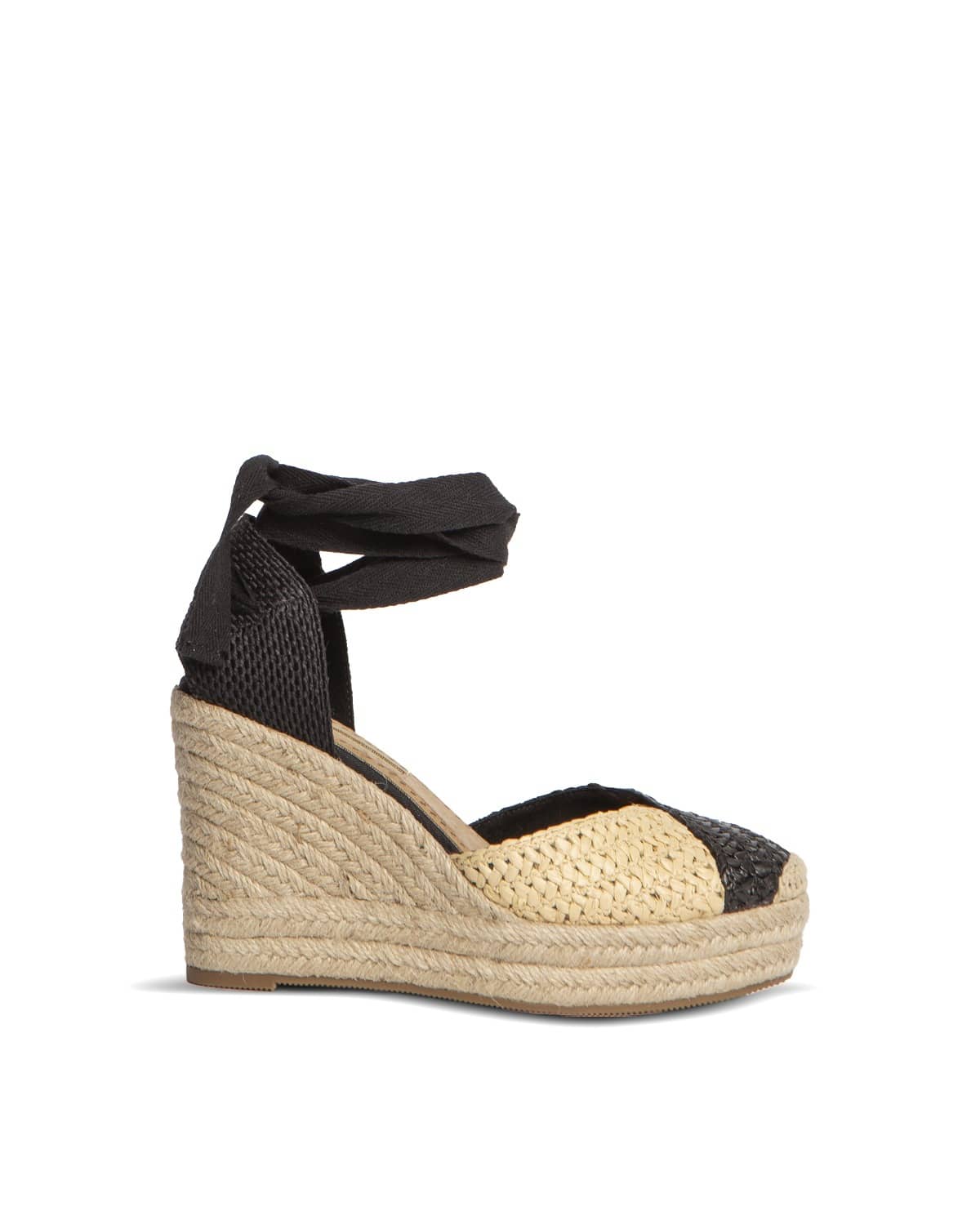 Sandálias cunha rafia preto creme fechadas