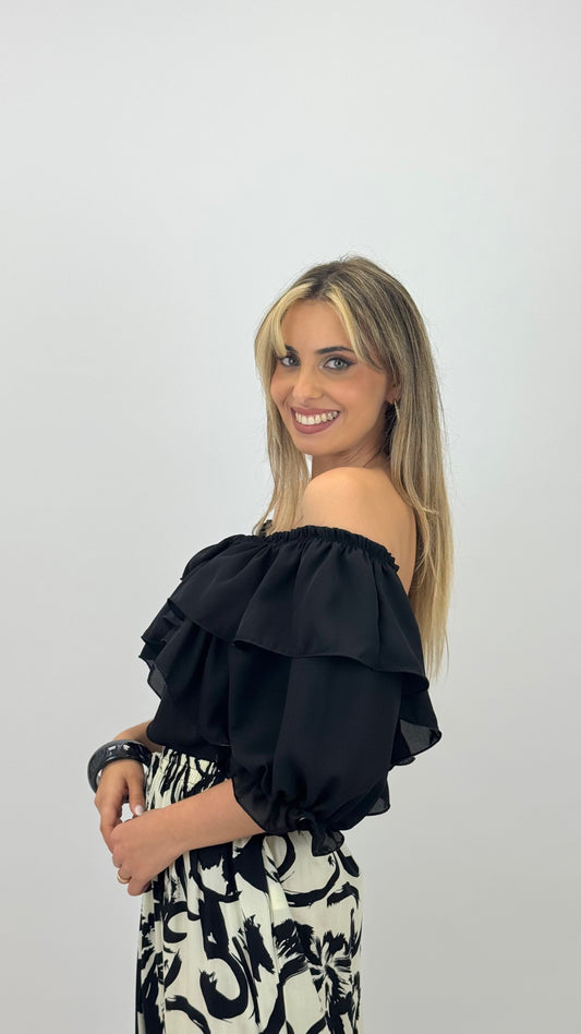 Blusa folhos elástica preto