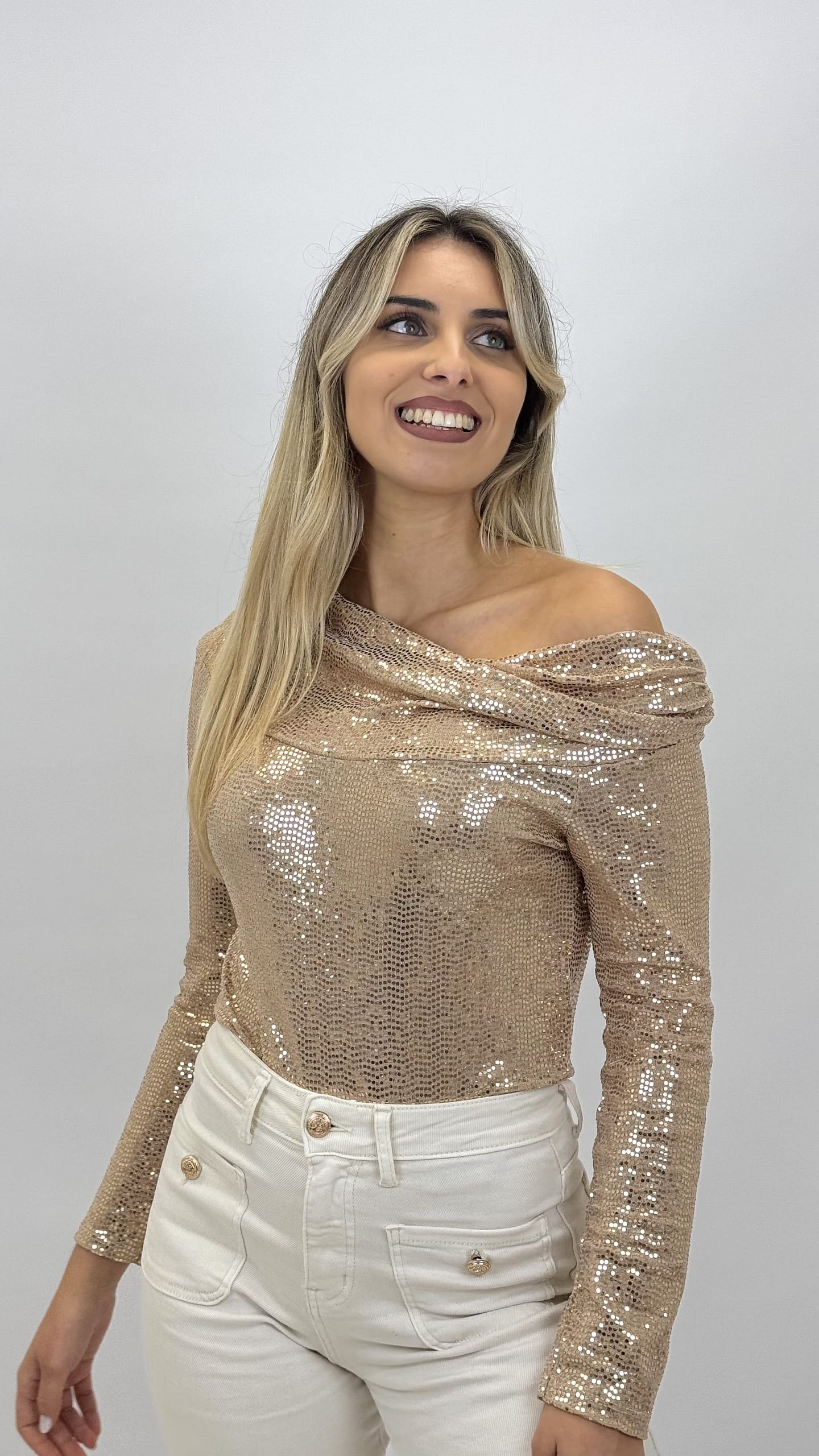 Body decote barco brilho Rose-Gold