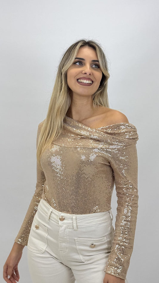Body decote barco brilho Rose-Gold