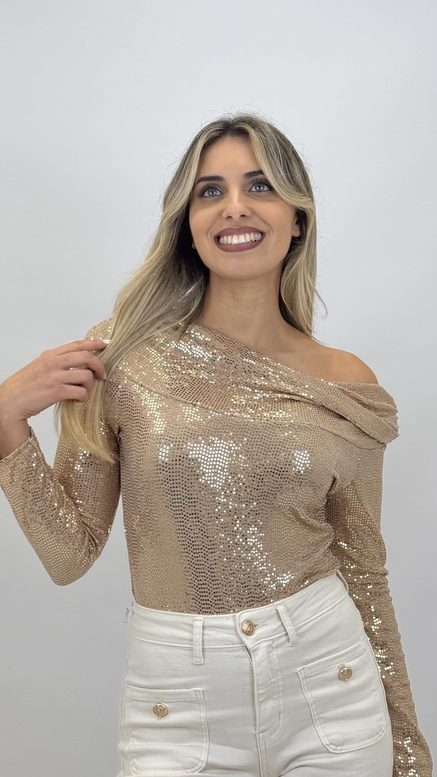 Body decote barco brilho Rose-Gold
