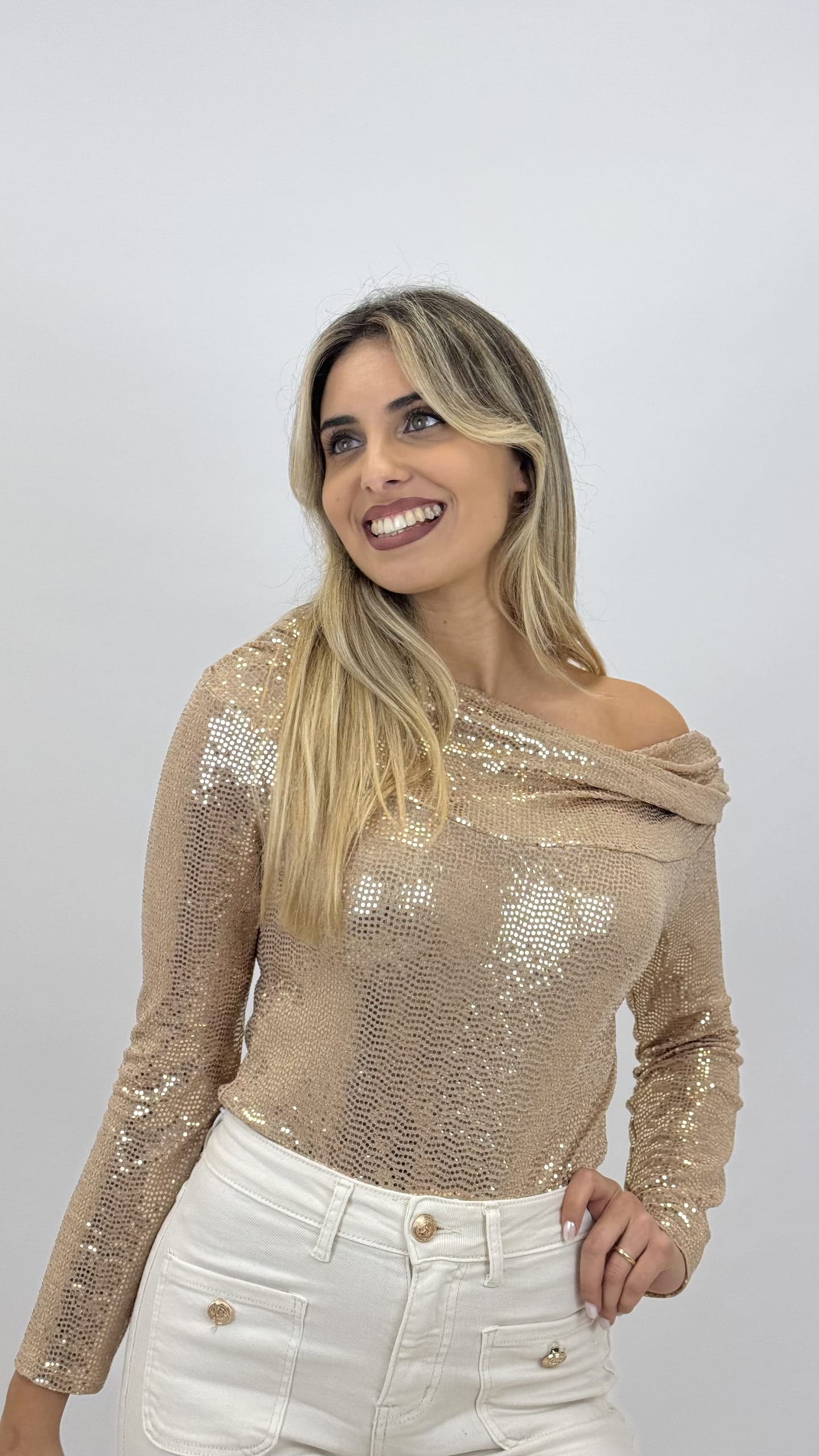 Body decote barco brilho Rose-Gold
