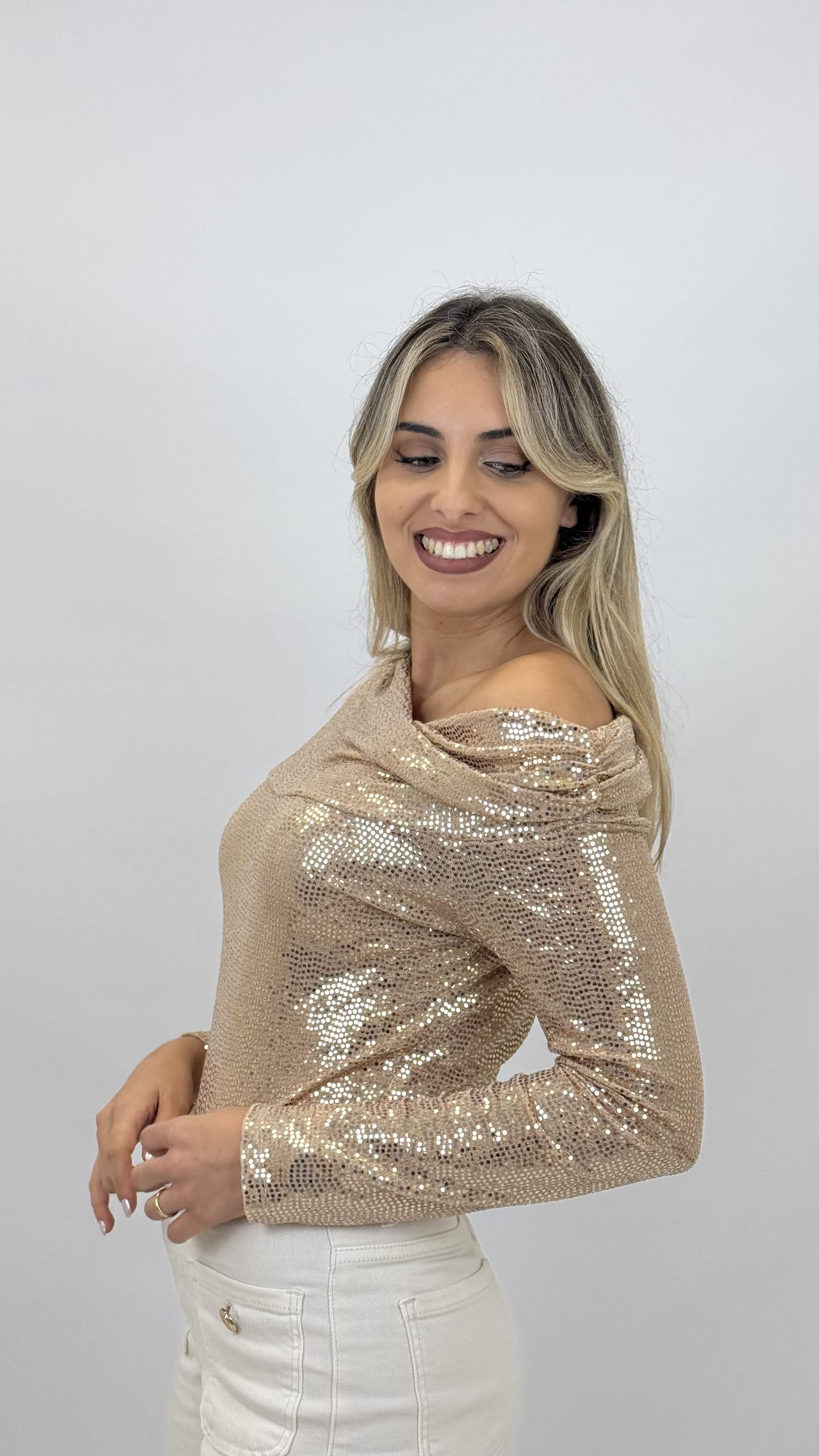 Body decote barco brilho Rose-Gold