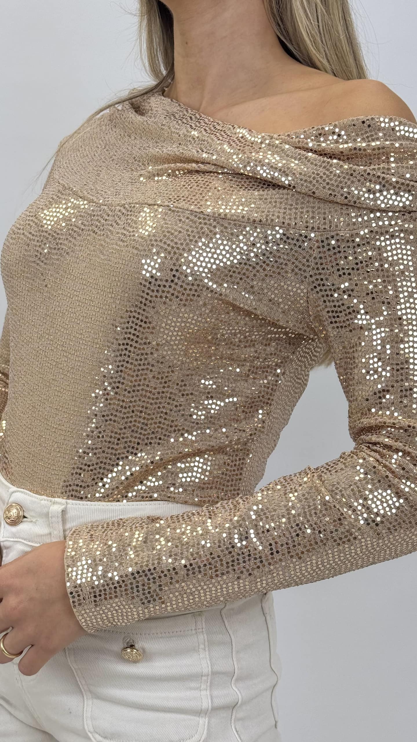 Body decote barco brilho Rose-Gold