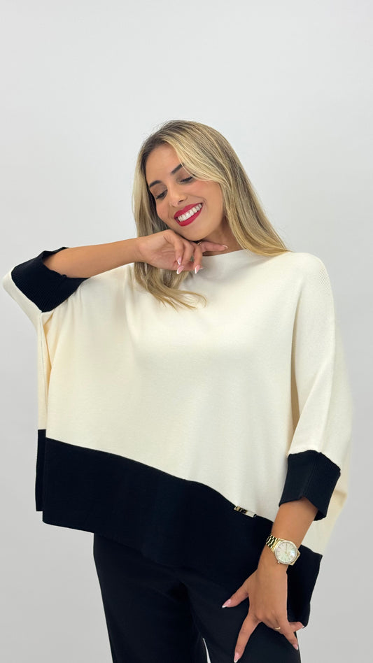Camisola manga 3/4 pérola com barra preta