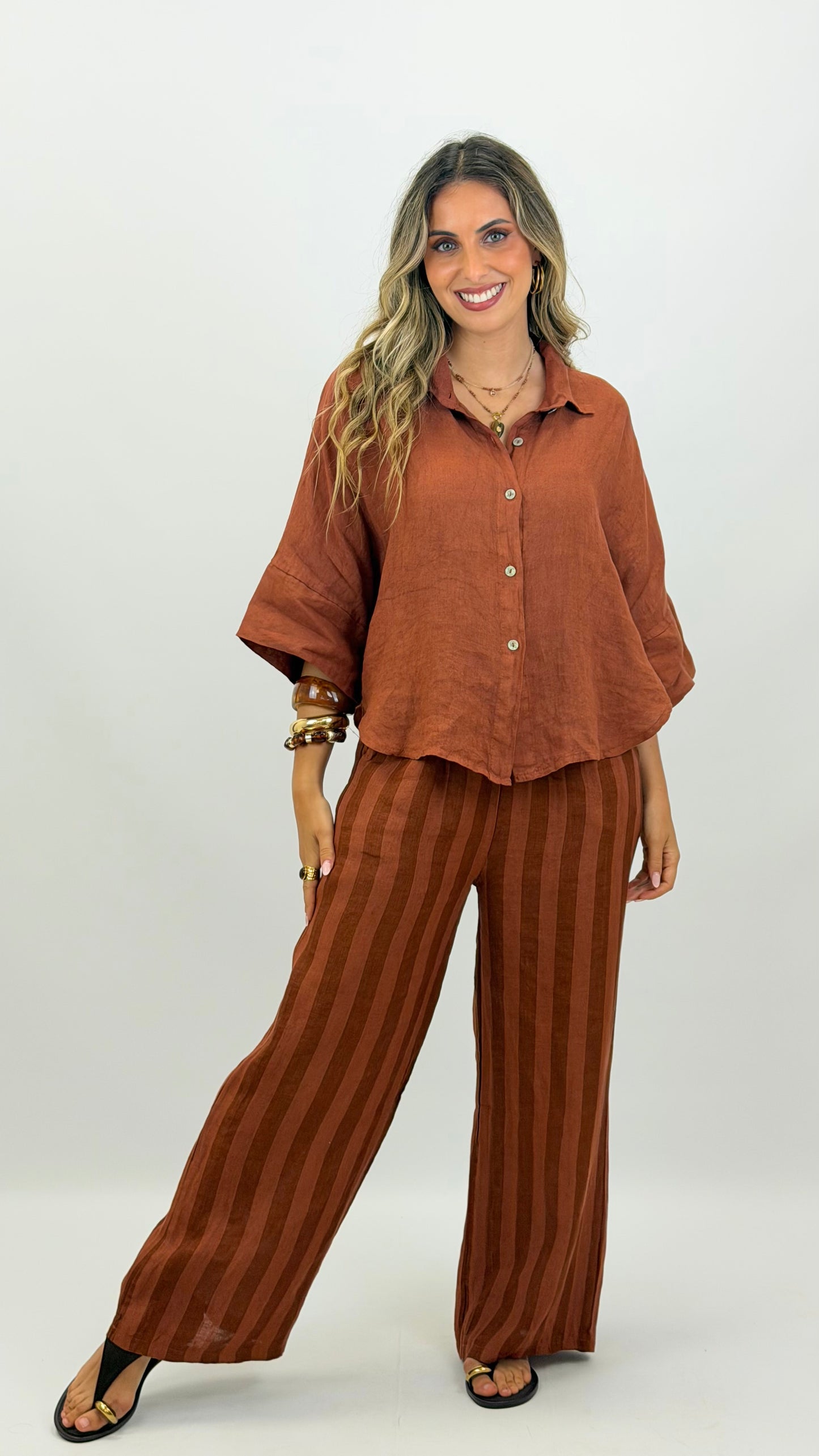 Camisa linho manga 3/4 telha