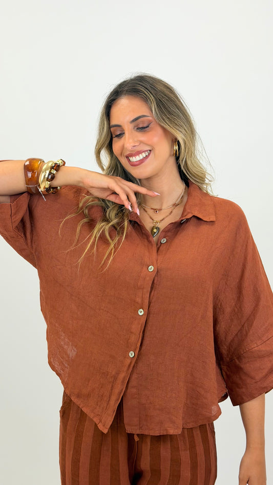Camisa linho manga 3/4 telha